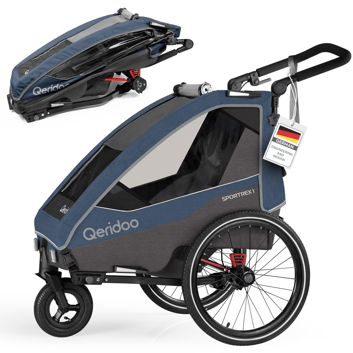 Qeridoo Sportrex 1 Jeans Blue | Fahrradanhänger 1 Kind | Sicher & flexibel | Besonders gut als Trailer | Federung & 3-in-1-Verdeck | Fahrradanhänger Kinder | Fahrrad Anhänger | Kinderfahrradanhänger