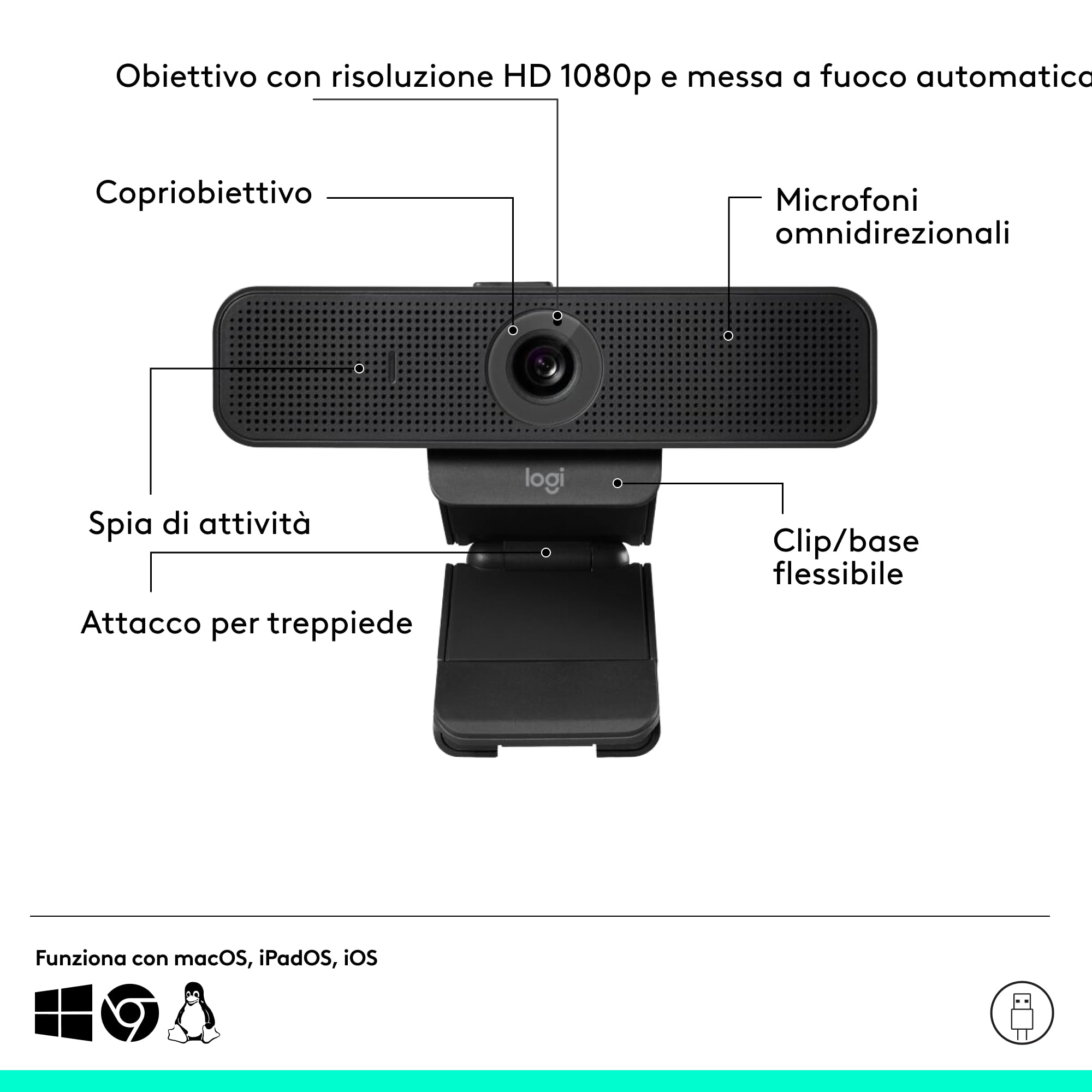 Logitech C925e webcam professionale, video HD 1080p/30fps, correzione dell'illuminazione, autofocus, audio chiaro, copriobiettivo, per Microsoft Teams, Google Meet, Skype, WebEx, Cisco - Nero