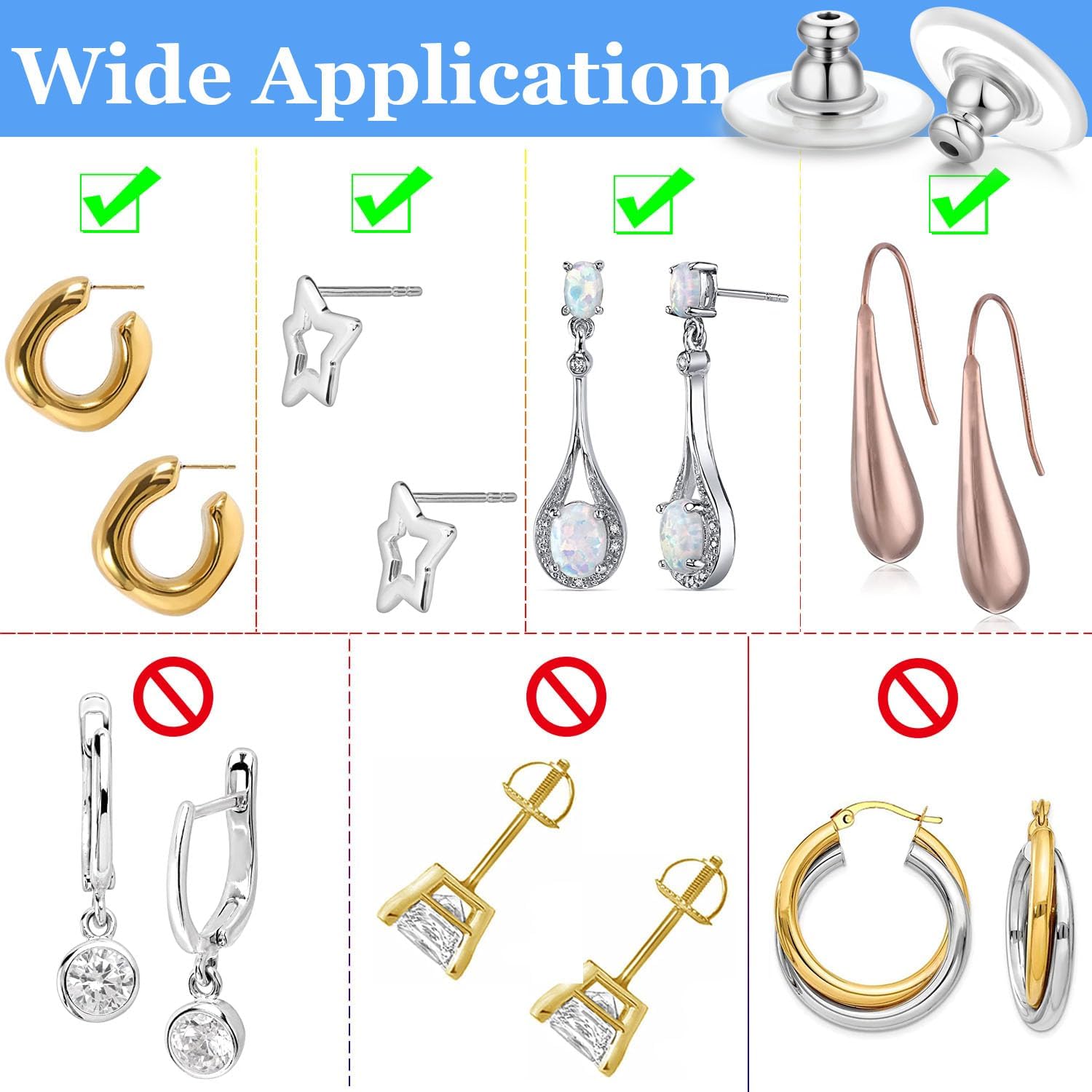 Big Earring Backs Replacement, 12mm Transparency Bullet Shape Locking Earring Backs for Heavy/Droopy Ears, Big Earrings Lifters Backers for Studs, White Gold - Image 7