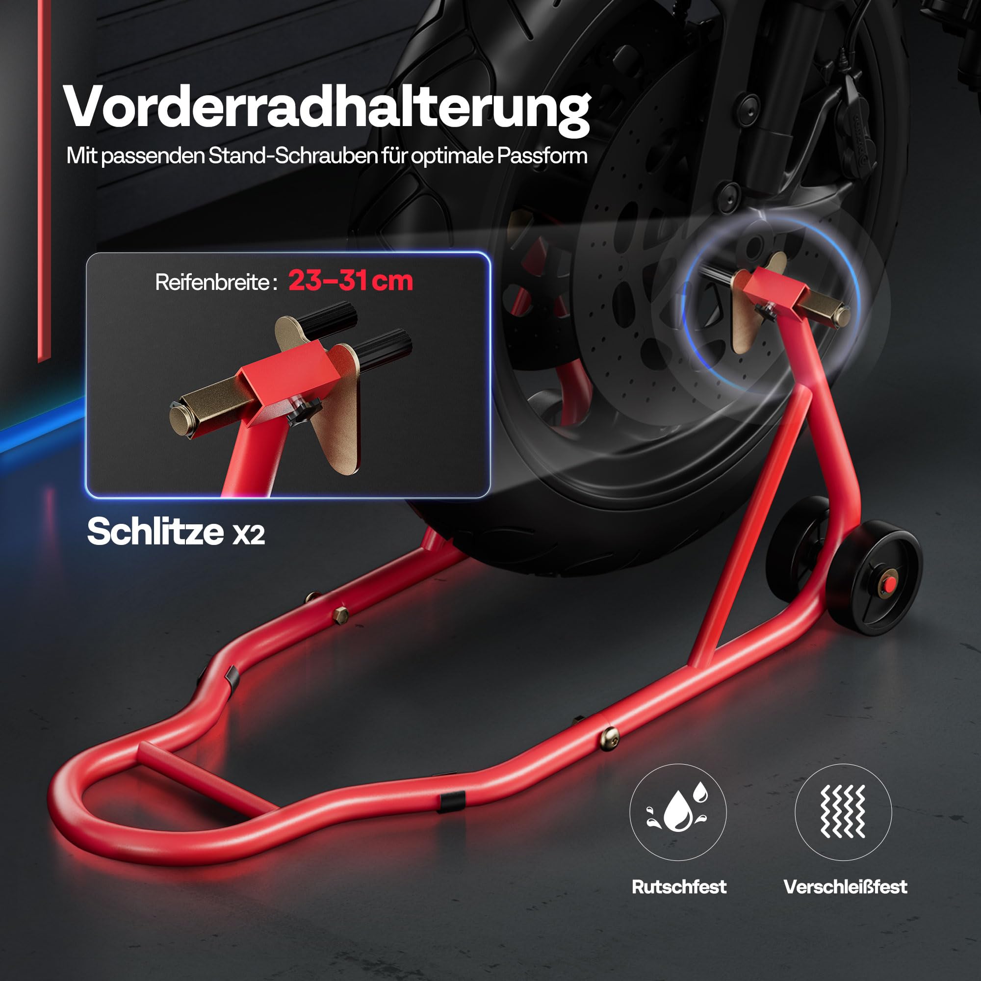 SPECSTAR Motorrad Ständer Set 400 kg, Motorradständer vorne und U+L Typ für Reifenbreite 23-31cm für BMW Suzuki Yamaha Honda Kawasaki Universal,Rot