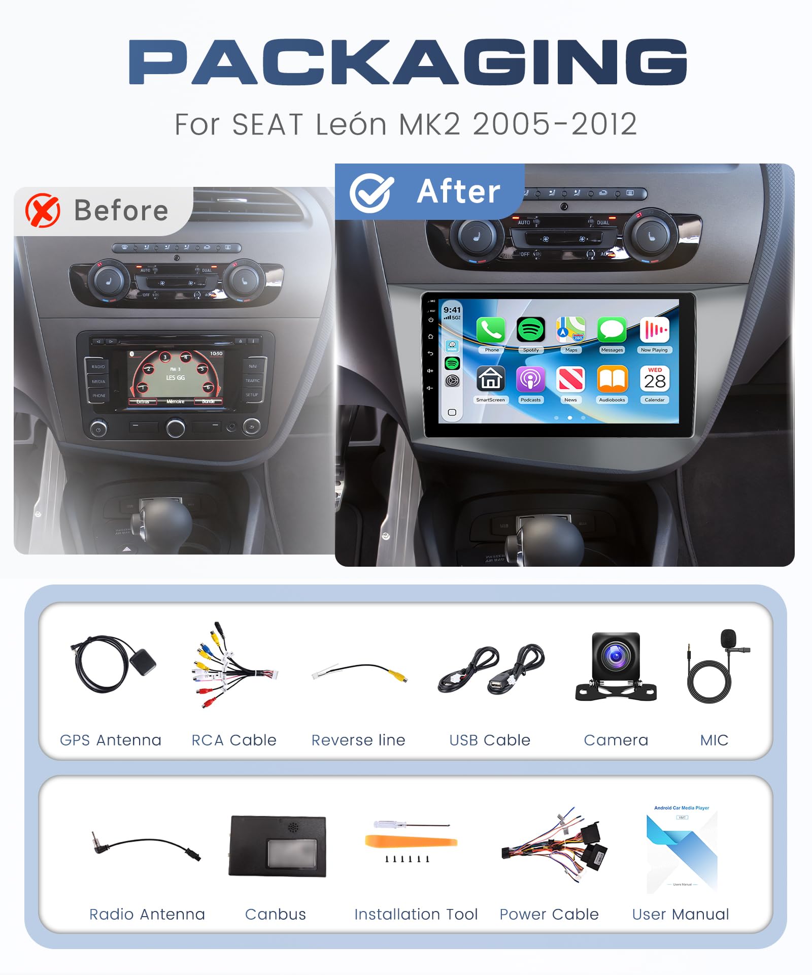 6G+128G 8 Core Android Radio de Coche para Seat Leon 2 MK2 2005-2012, 9" Pantalla Radio con Carplay Android Auto Inalámbrico Bluetooth FM/RDS/EQ/DSP WiFi GPS Panorámico de 360° Cámara Trasera