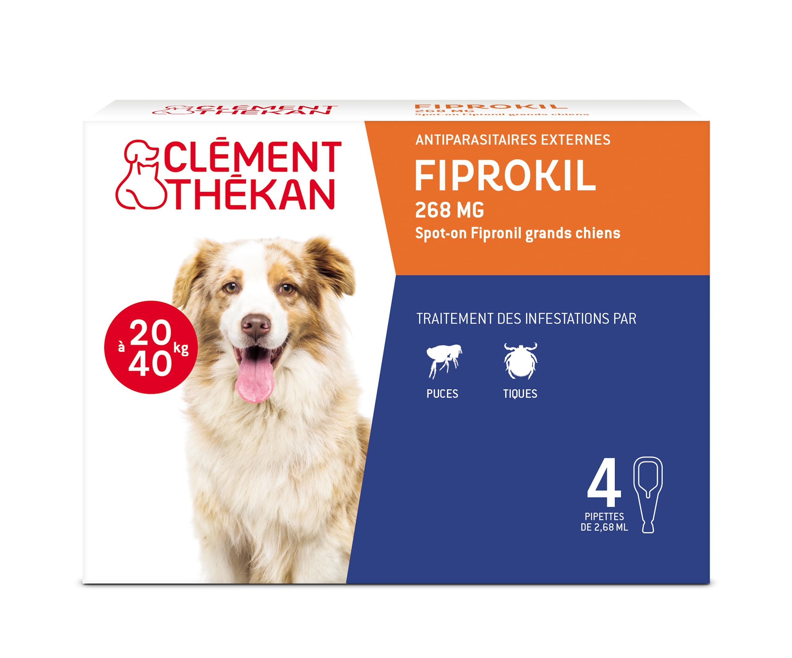 Clément Thékan - Anti-puces et anti-tiques pour grands chiens de 20 à 40 kg - 4 pipettes - Solution pour Spot-on Fiprokil 268 mg
