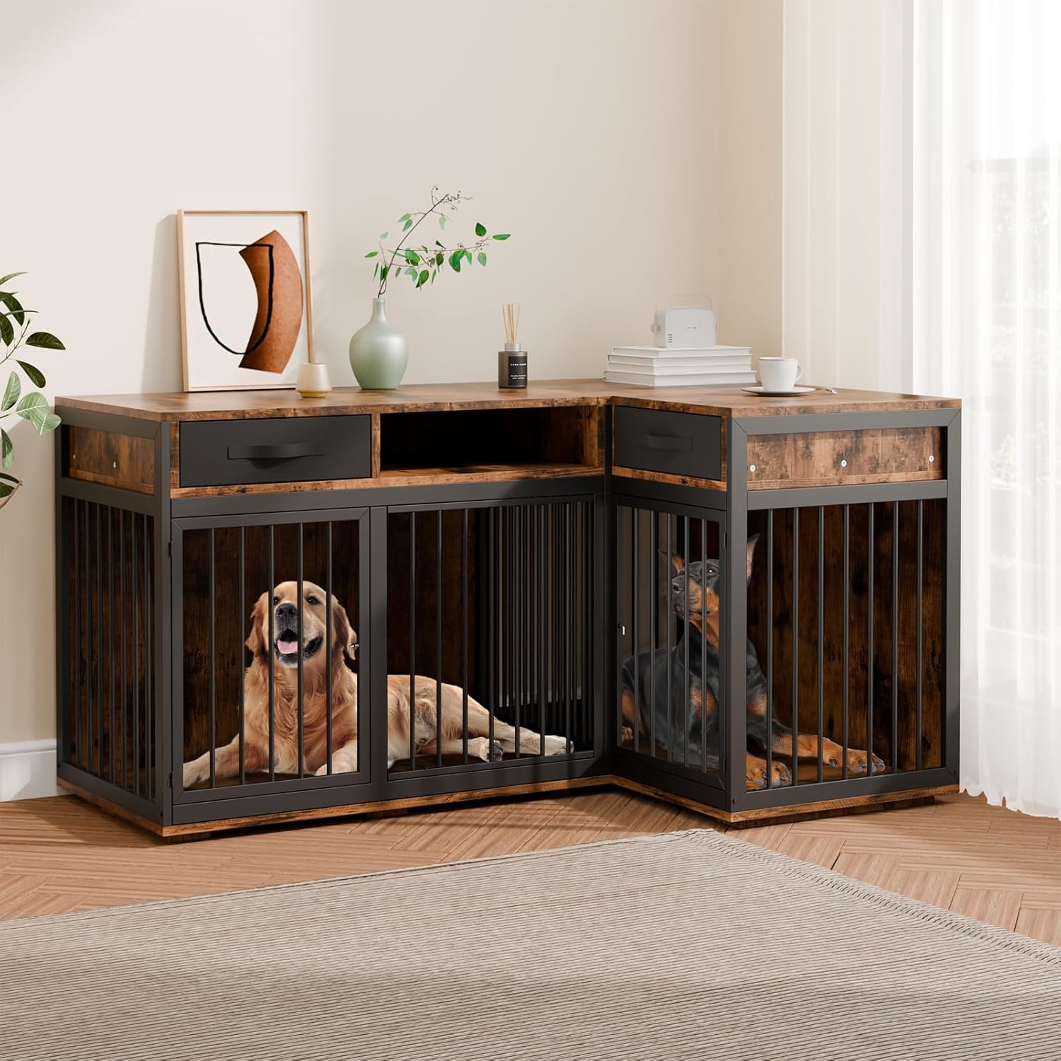 Corner Dog Crate Furniture,67" Metal Frame L Shaped Double Dog Crate Kennel with Divider and 2 Fabric Drawers TV Stand Large Breed Indoor for 2 Dogs Rustic Brown