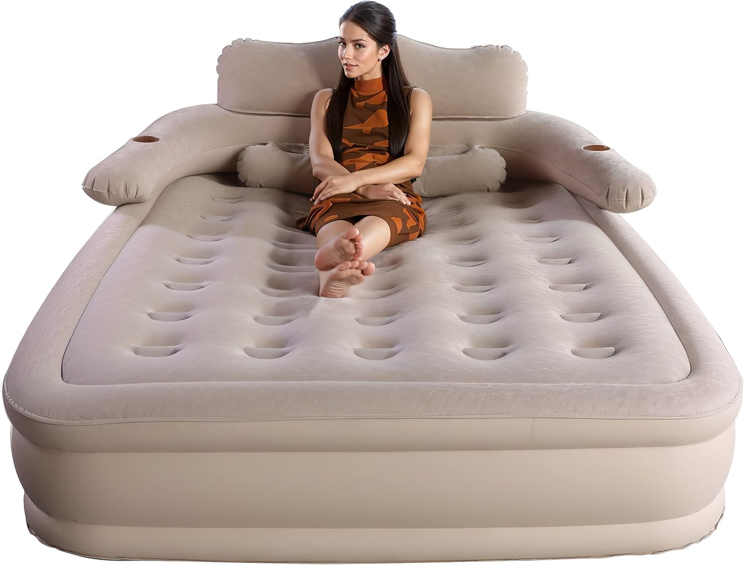 Air Mattress with Headboard, 18in Inflatable with Built-in Pump, Blow Up Mattress with Removable Electric Pump, Comfort Air Bed Queen for Camping & Home Queen With Headboard - Beige
