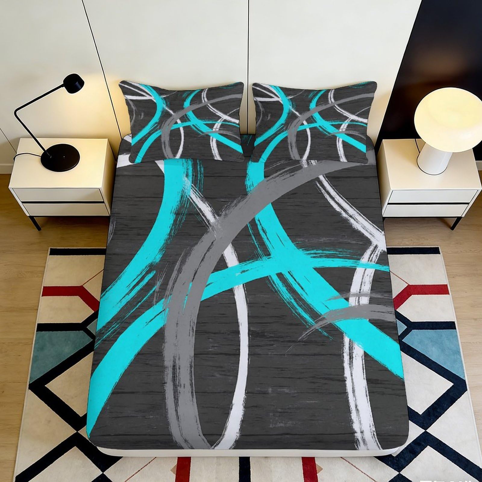 Tjiqhvmrn Style-10 3D Printed Abstract Lines Fitted Sheet Microfiber Deep Pocket Non-Slip Bedroom Bedding Abstract Pattern Mattress Fitted Cover Full Wrap Washable 90X200x25cm