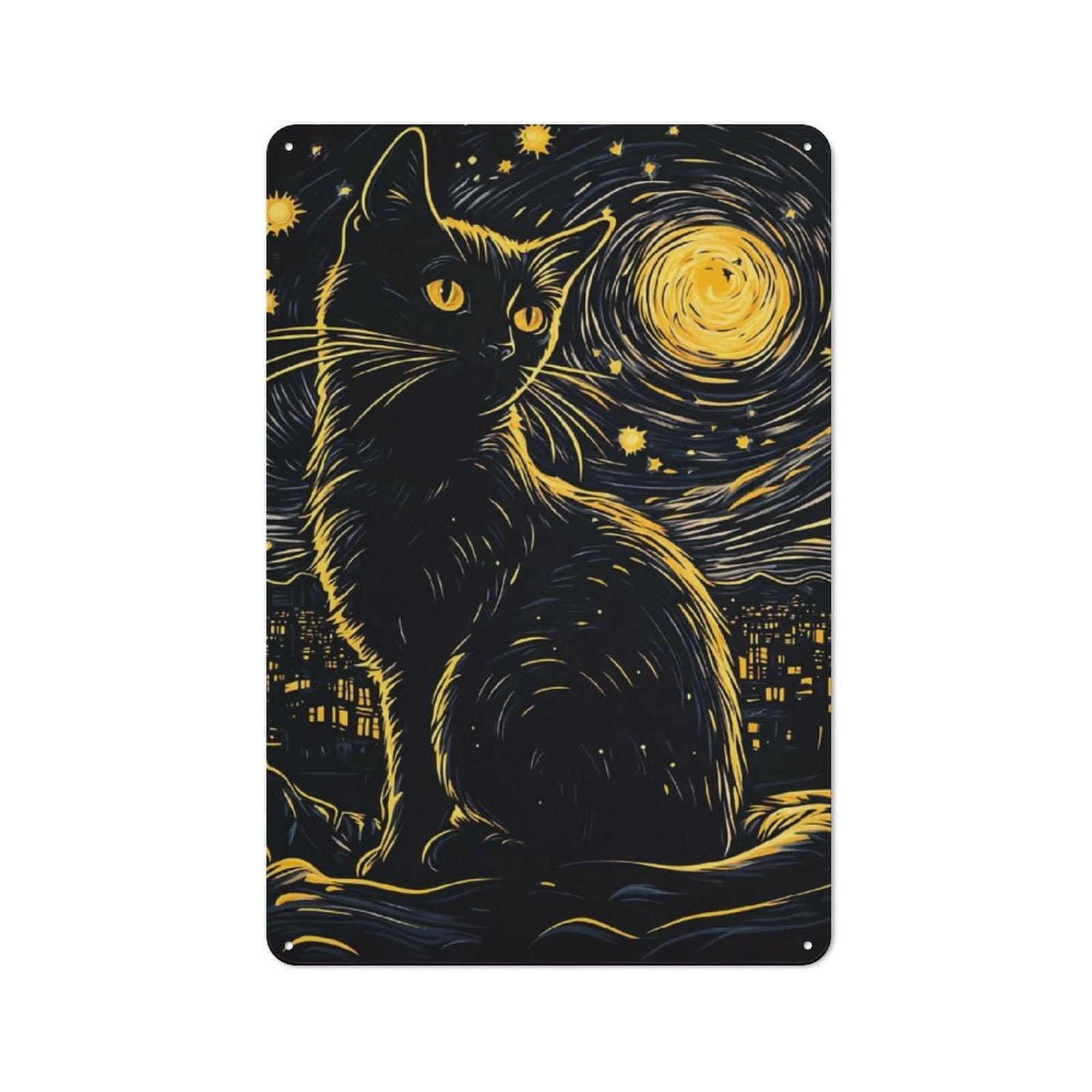 Junmoney Black Cat Starry Night Understated Metal Wall Decor 30X20cm, Decorative Metal Sign For Workspace, Cafe, Shop Or Desk Area