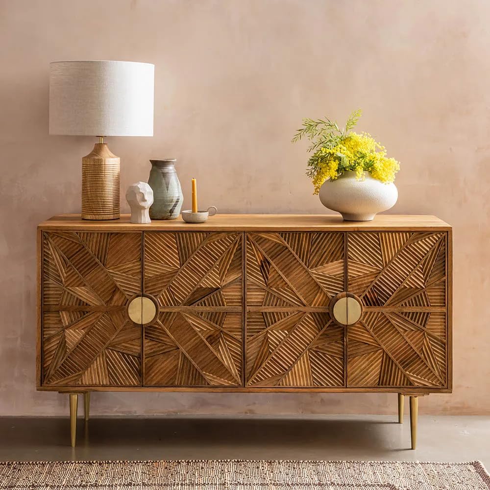 Suryavanshi Jumeirah Solid Wood Sideboard Cabinet with Carved Front | Brass Handles & Legs | 4-Door Storage Unit for Living Room, Dining | Natural Finish | Pre-Assembled Body (H83 x W152 x D43 cm)-image-49