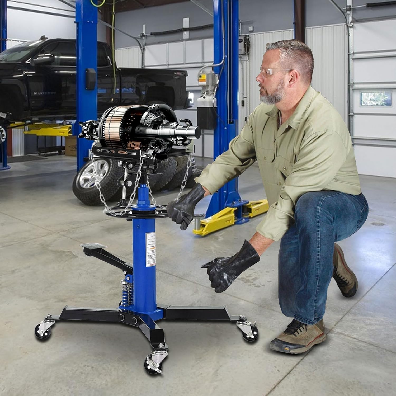 1322lbs Capacity Dual Plunger Hydraulic Transmission Jack with Pedal Swivel Wheels and Non-Slip Pad, 33.5"-69" High Lift Trans Jack Stand 2 Stage Adjustable Telescoping Hydraulic Transmission Jack