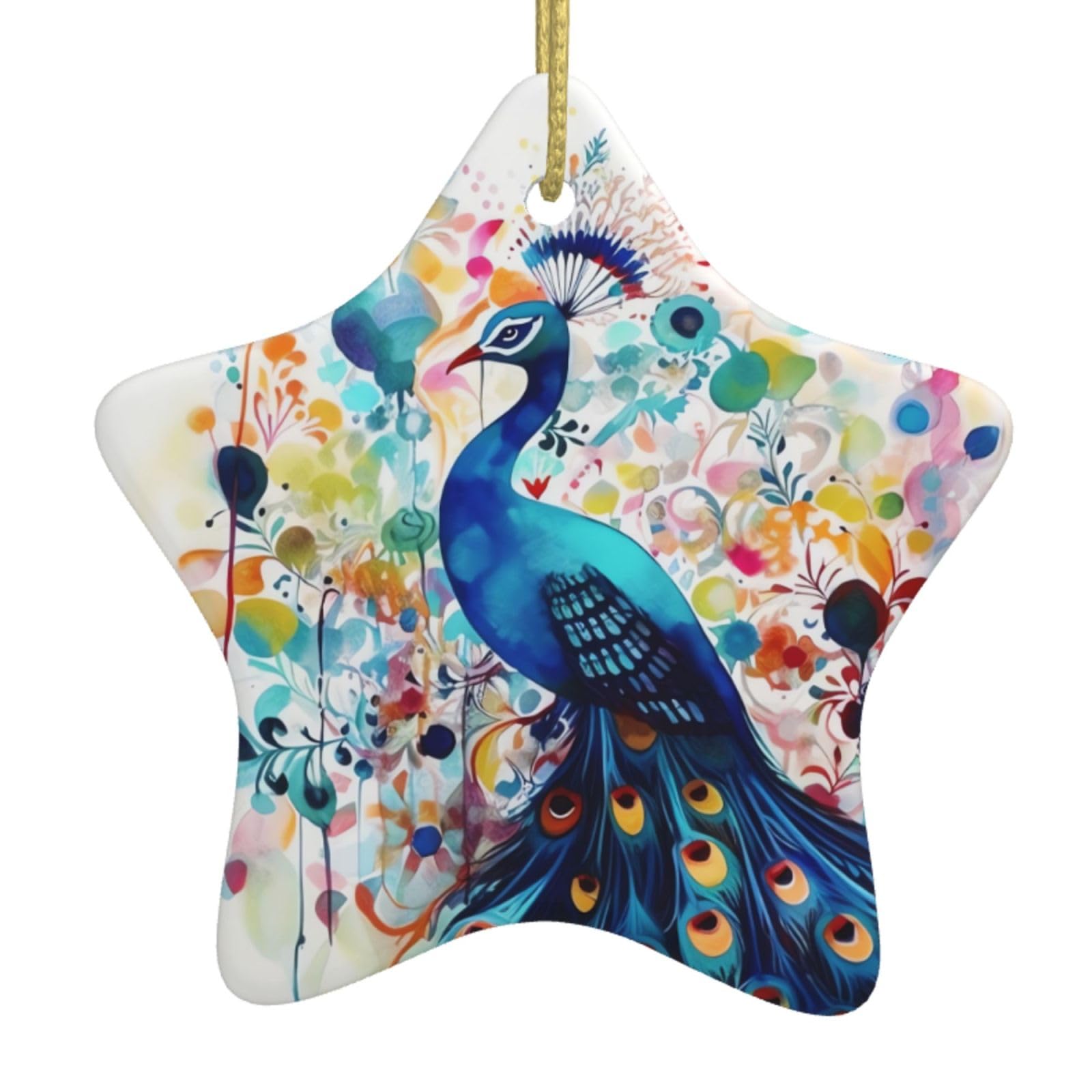 Ceramic Christmas Tree Hanging Ornaments with Gold Ropes Christmas Tree Decorations Star Ceramic Color Peacock Pendant Keepsake Decorations for Holiday Xmas Gift Ideas
