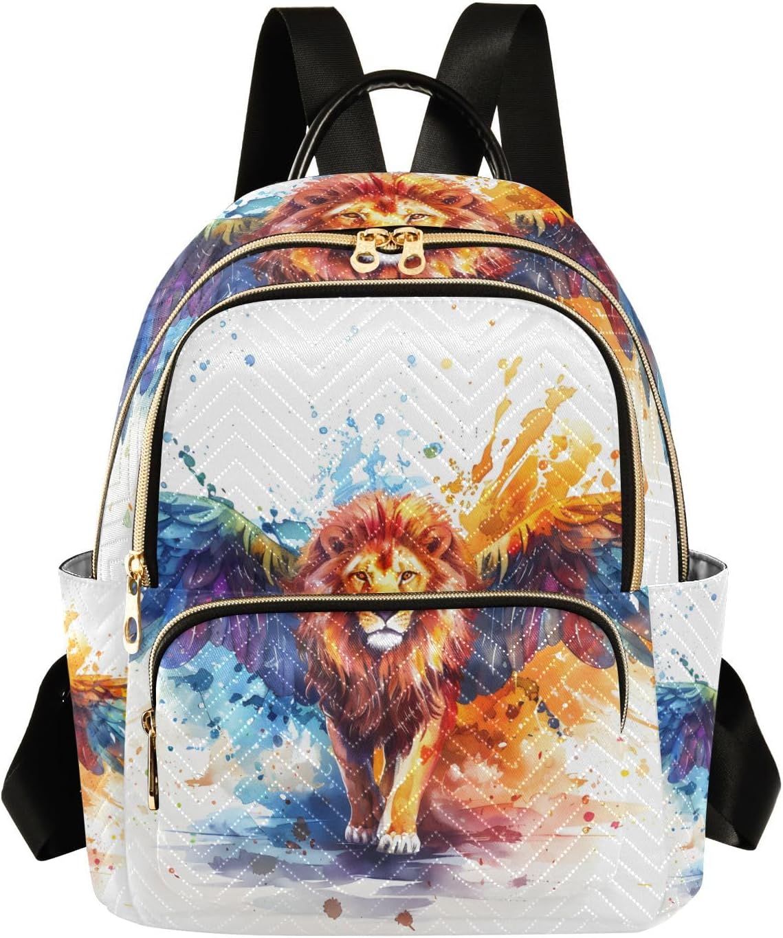 Quddiem view of the ALAZA Mini Backpack Purse with a colorful lion and wings design.