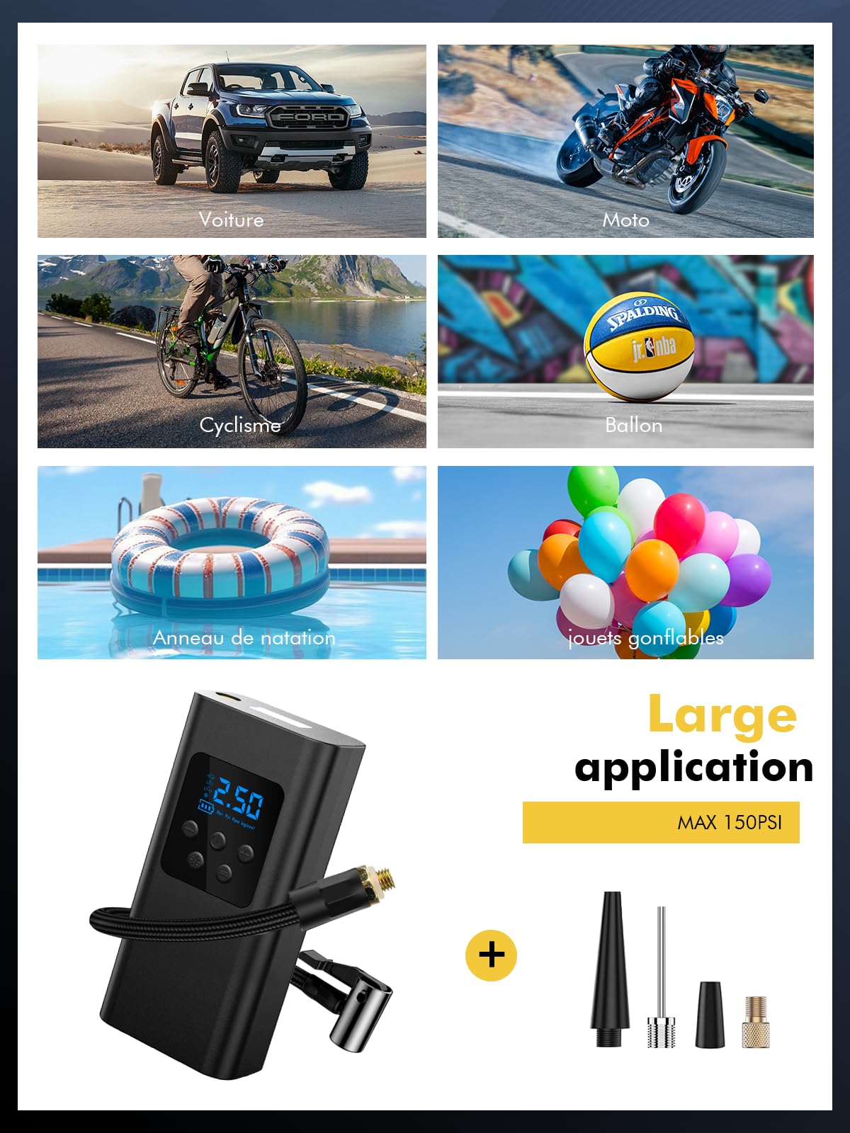 Gonfleur de pneus sans Fil, compresseur d'air Portable 45 L/Min | Pompe à air électrique avec batterie, compresseur pour voiture, moto électrique avec lumière LED, 6000 mAh, 4 modes