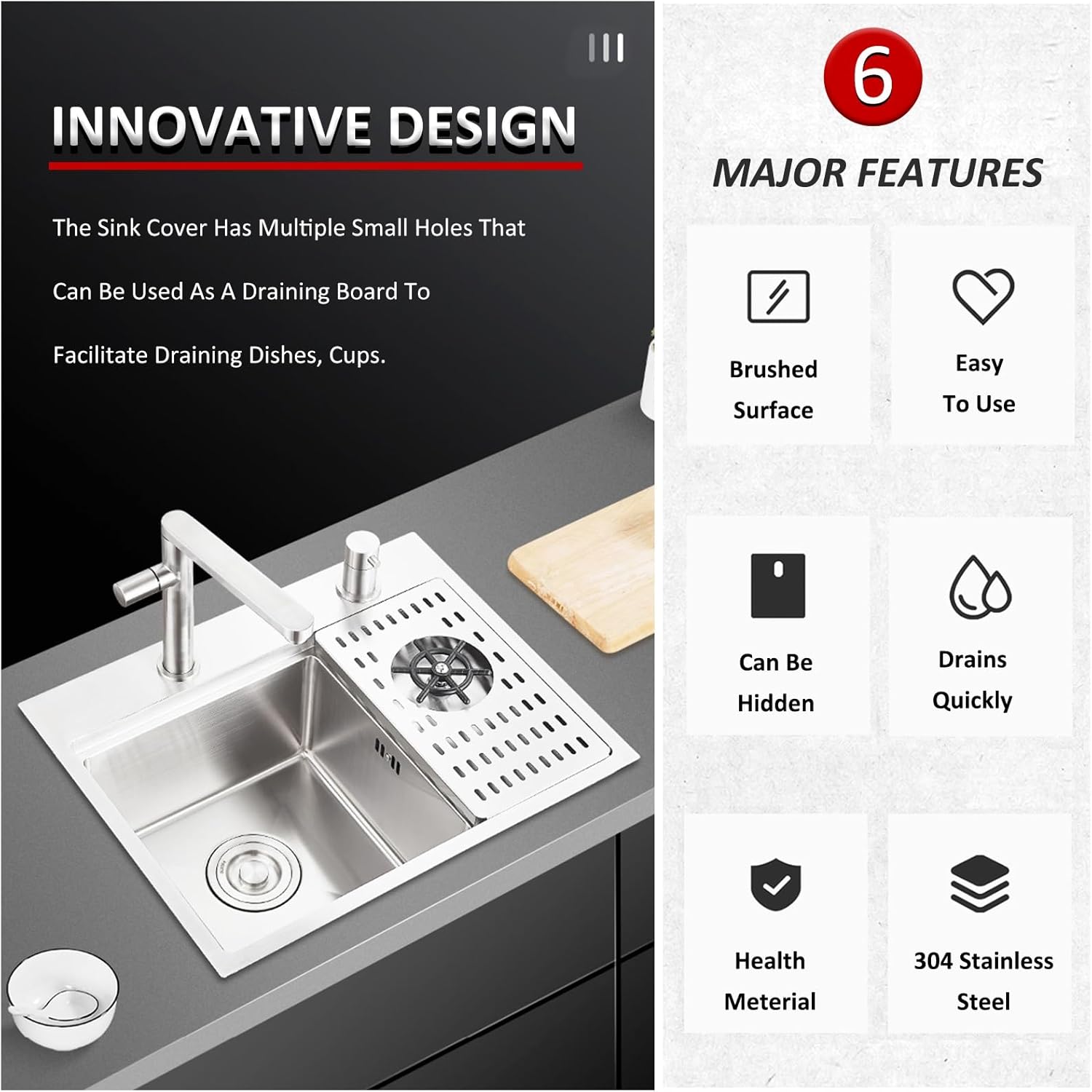 55×43×19Cm Small Bar Sink, with Faucet, Cup Washer, Sink Cover and Drain Set, 304 Stainless Steel Kitchen Bar Prep Sink, Cup Washing Sink, Concealable Workstation Sink,Black-55x43x19cm