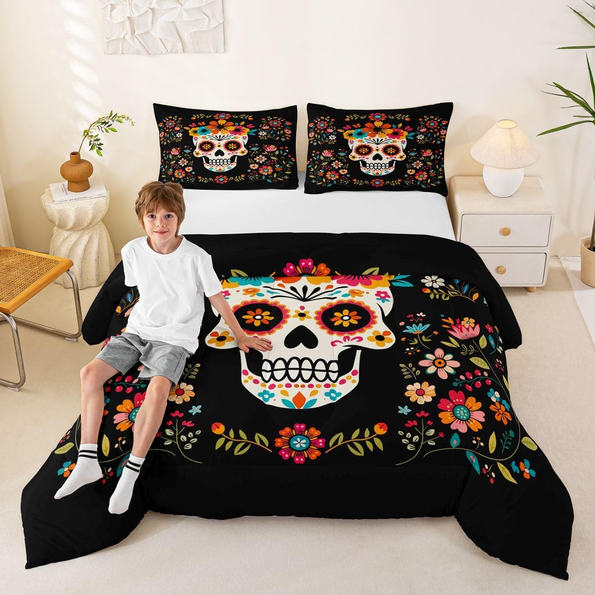 Sugar Skull Comforter Set King Size,Colorful Vintage Floral Bedding Set Hippie Mexico Style Quilt Set for Kids Girls Boys Teens Room Decor,Gothic Skeleton Pattern Duvet Insert,2 Pillowcases