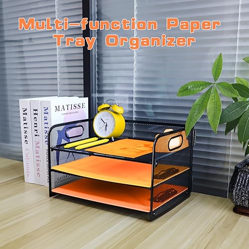 Miniatura 7 de Bandeja de papel de 3 niveles con asa, organizador de archivos de escritorio de malla metálica con bandejas, bandejas de papel A4, soporte para
