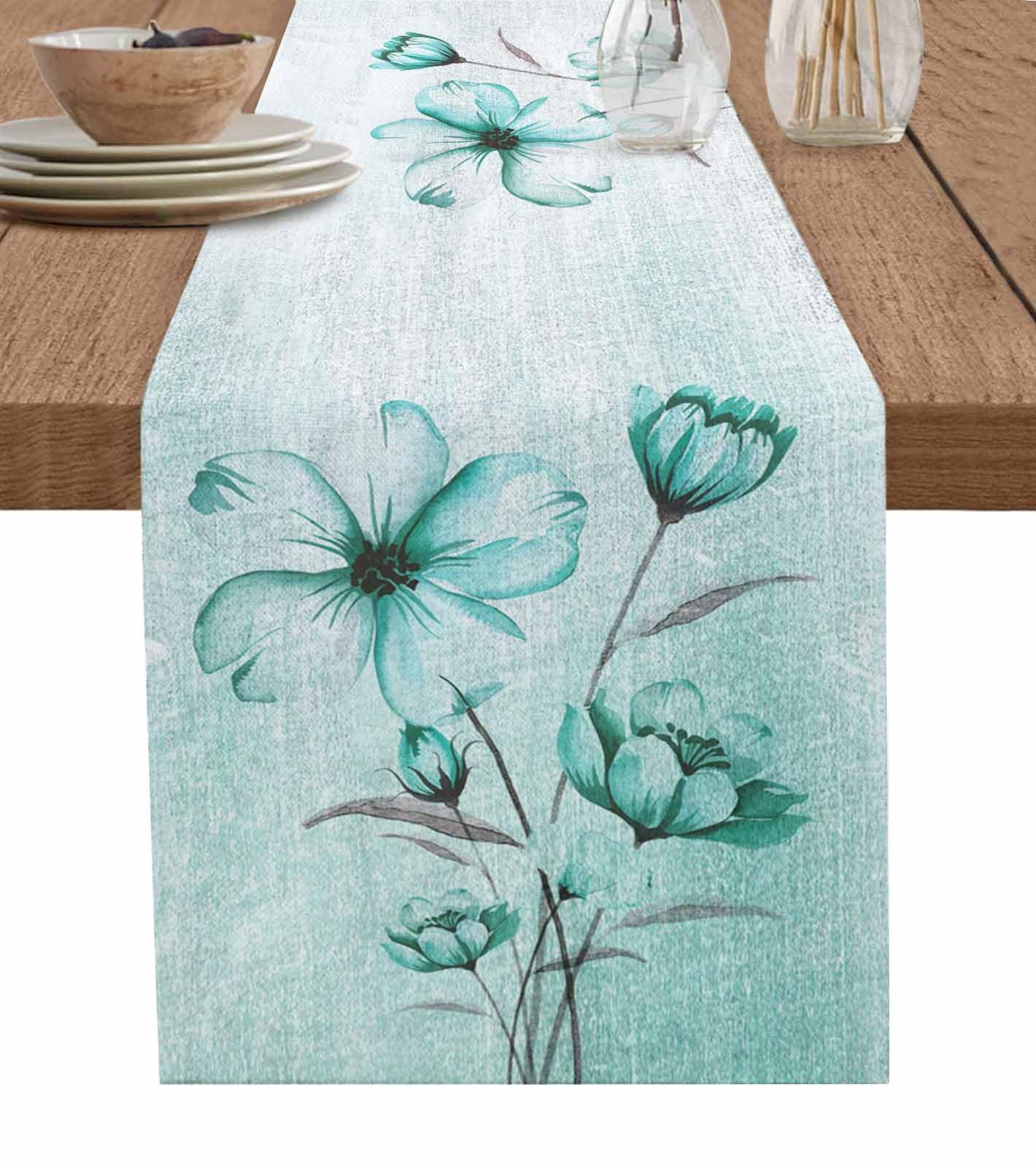 Aqua Spring Floral Table Runner-Cotton Linen- 72 Inch Holiday Dresser Scarves, Vintage Elegant Summer Botanical Tablerunner for Kitchen Coffee/Dining