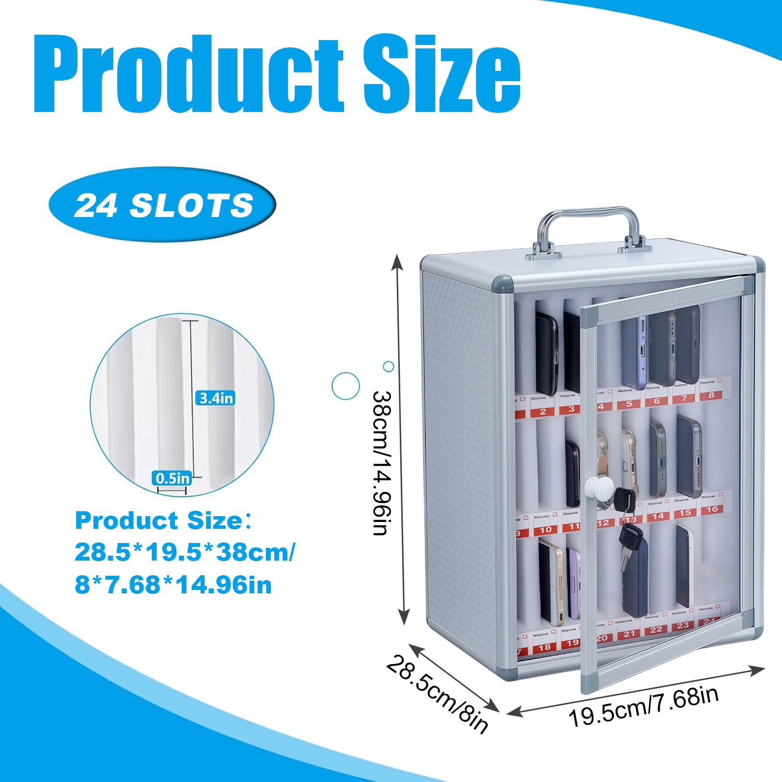 Handygarage mit Schlüssel 24 Slots 285x195x380mm Handy Aufbewahrungsschrank Tragbar wandmontierbar Silber
