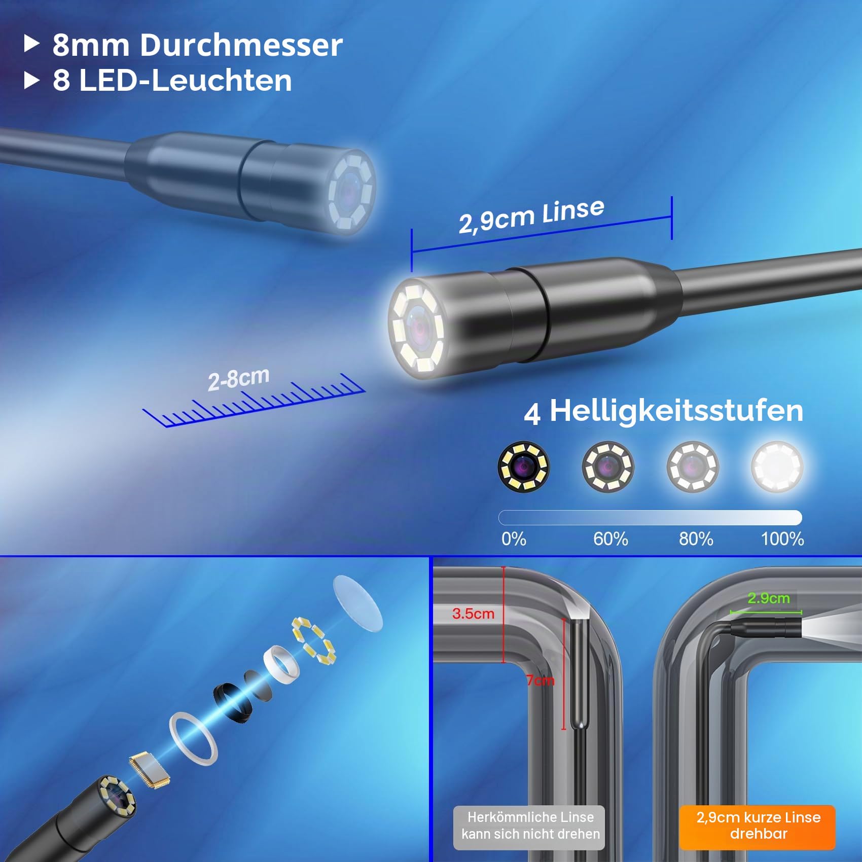 GlobalCrown Endoskopkamera mit Licht, 4,3'' IPS Bildschirm Rohrkamera IP67 wasserdicht Endoskop Inspektionskamera mit 8 einstellbaren LEDs und 5m Halbstarres Kabel
