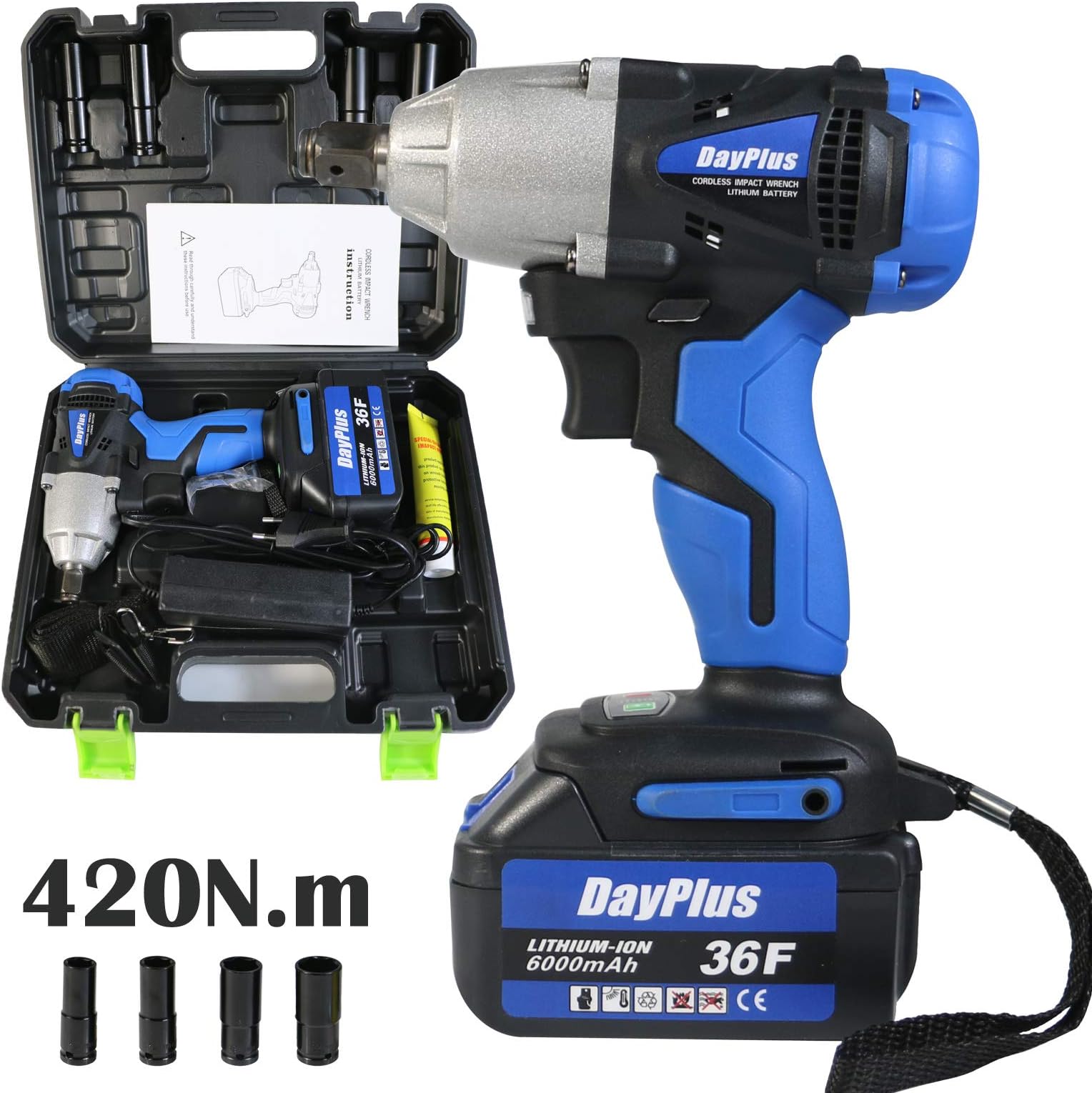 Cordless Electric Impact Wrench with Battery 6.0Ah Lithium-Ion & Charger, 18V 1/2inch Drive 420Nm Variable Speed Power Tool for Car Tyre Scaffolding Lug Nut Removal Wheel Brace