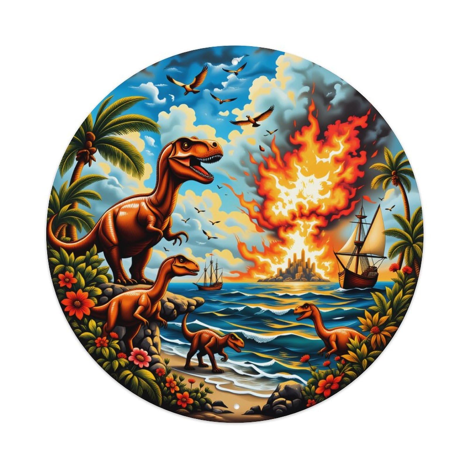 Lzwbntey Vintage Dinosaur Island Explosion Sailboat Palm Metal Tin Sign Retro Wall Decor For Home Bar Garage Cafe, Indoor & Outdoor Decorative，Circle Metal Poster, 8X8 Inch