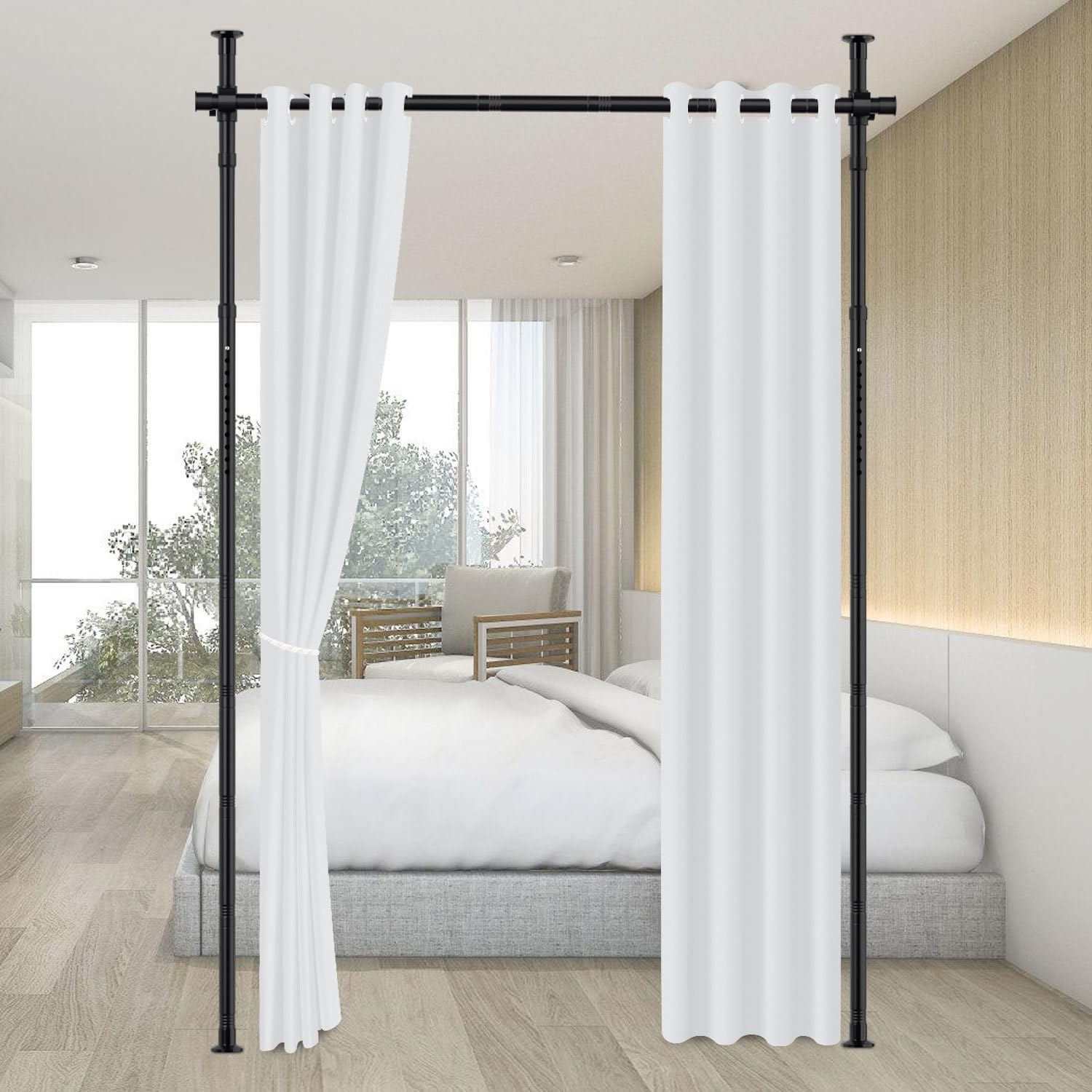 Paravent de séparation de pièce Jaxguom, tringle à rideaux, réglable de manière flexible sans perçage, L 70-177cm x H 122-305cm, paravent autoportant sans rideau, protection des regards pour salon