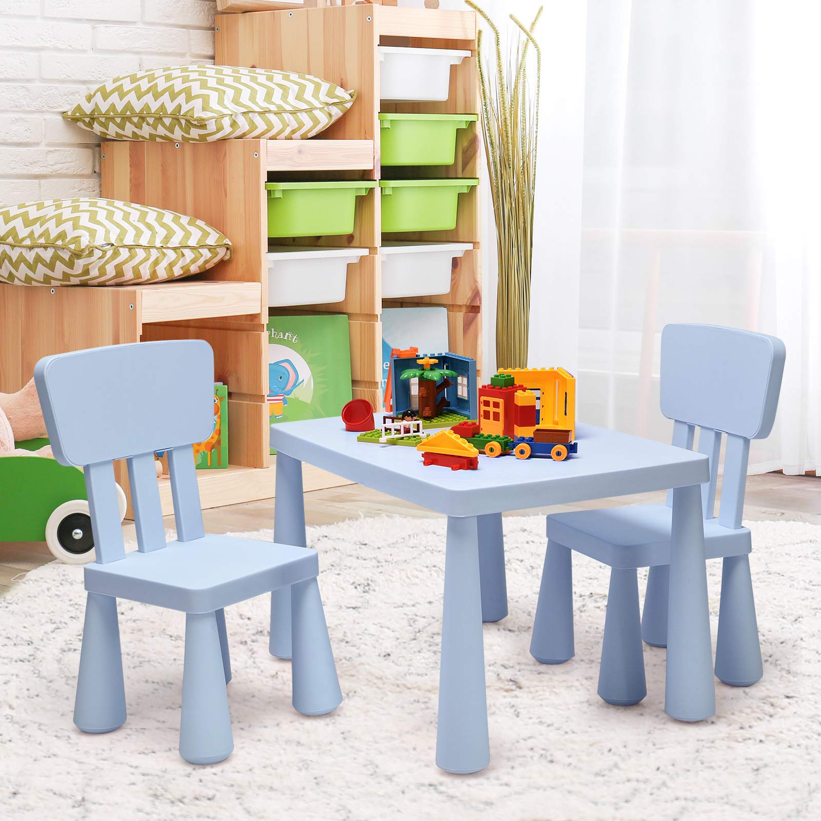 RELAX4LIFE 3-teilige Kindersitzgruppe, Kindermöbelset: 2 Stühle & 1 Tisch, Sitzgarnitur für Kinder zum Schreiben & Lesen & Spielen & Essen, Tisch & Stuhl jeweils bis 50 kg belastbar, Kunststoff (Blau)