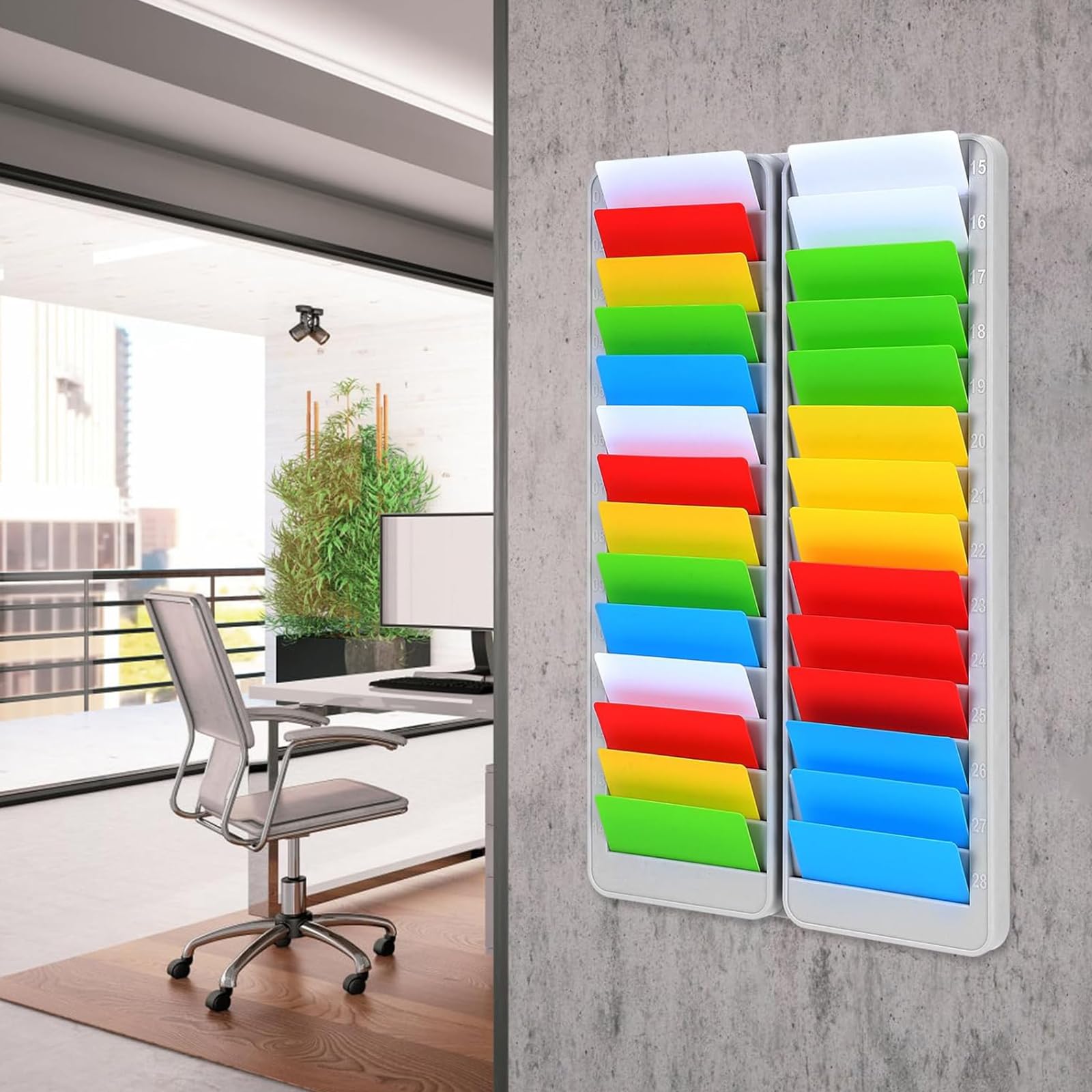 Supporto Da Parete per Carte Dipendenti, Porta Tessere Da Parete 12 Slot, Appendere Organizer per Registratore Di Presenze, Plastica, per Ufficio e Famiglia (Grigio-Bianco)