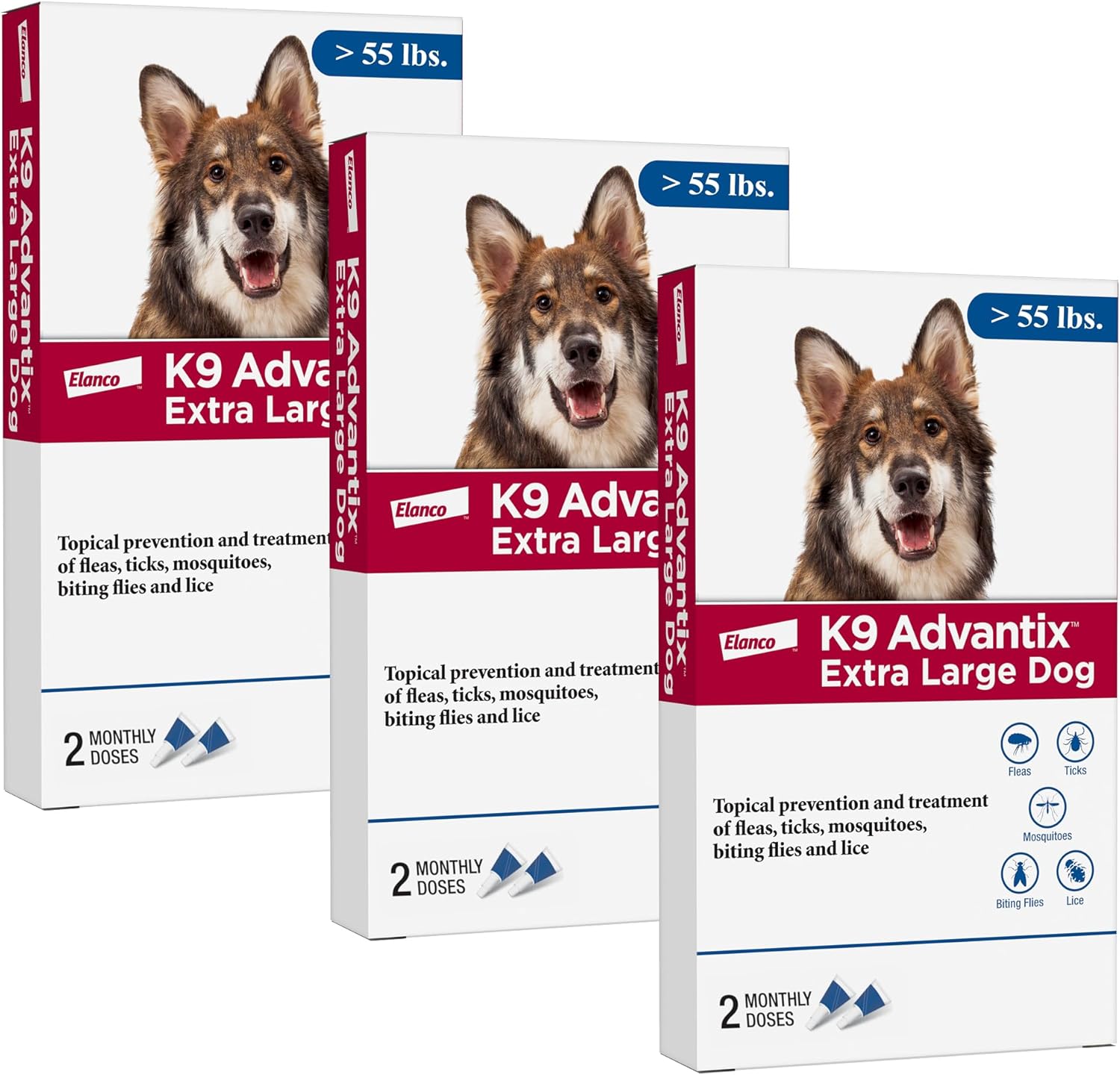 K9 Advantix Flea, Tick & Mosquito Prevention for Dogs Over 55 lbs. | Flea Drops for Extra Large Dogs | Apply Monthly | 6 Treatments (Pack of 3)