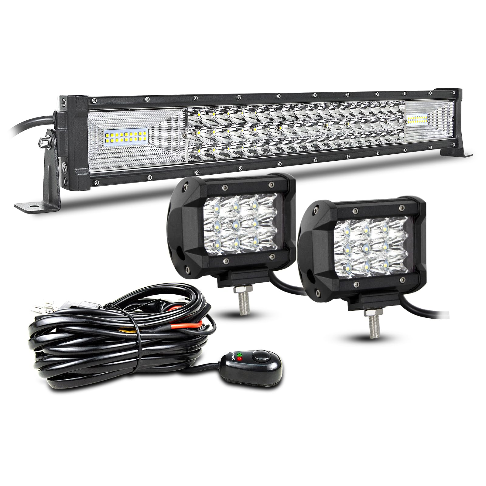 AUXTINGS 56cm 270W 3 rangées Barre Rampe LED,2x 10cm Phare de Travail LED 12V Projecteur LED Etanche Feux Antibrouillard LED Feux de Travail Avec câblage pour Voiture Camion Tracteur SUV Bateau,IP67