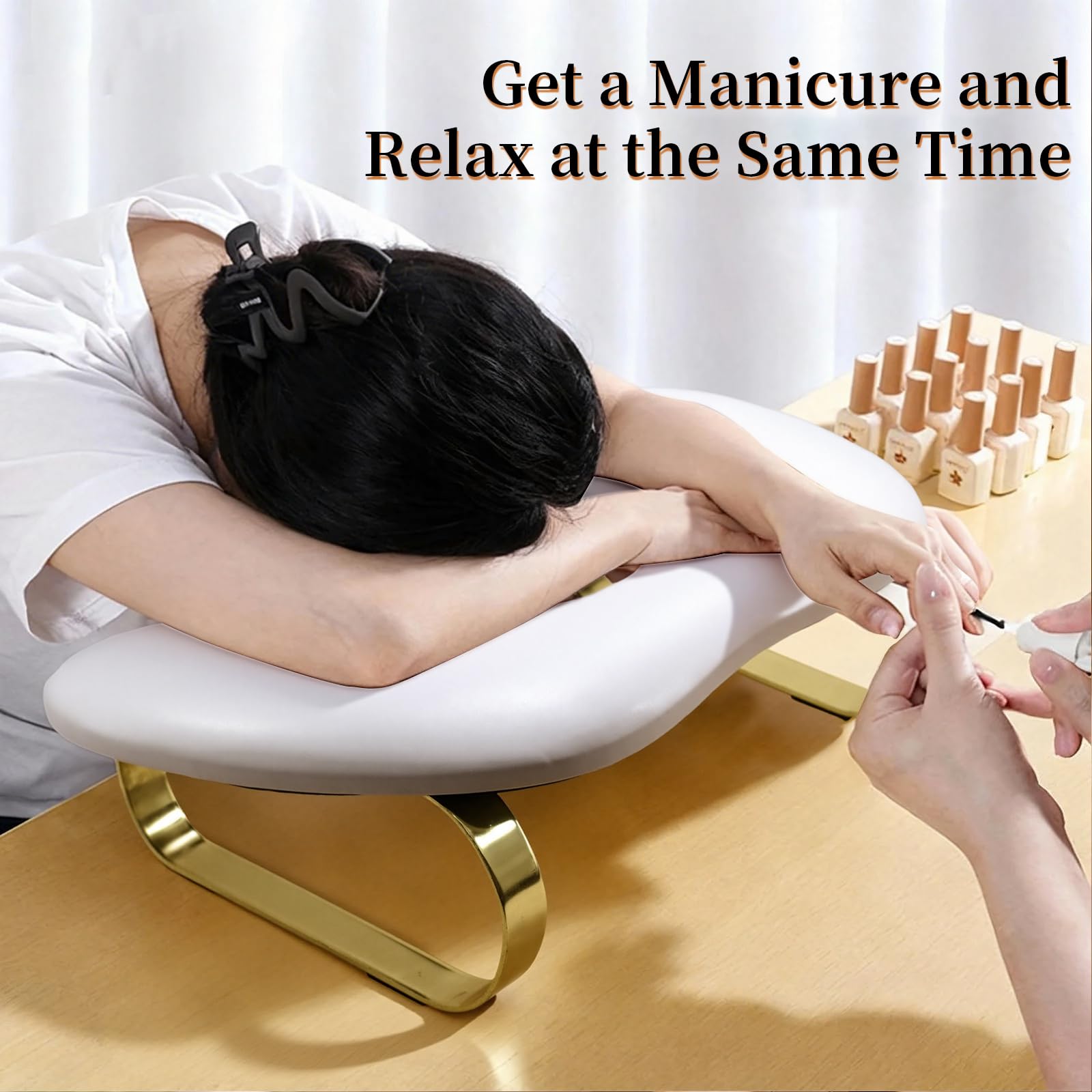 U-Shaped Nail Arm Rest with 45° Tilt and Golden Curved Stands