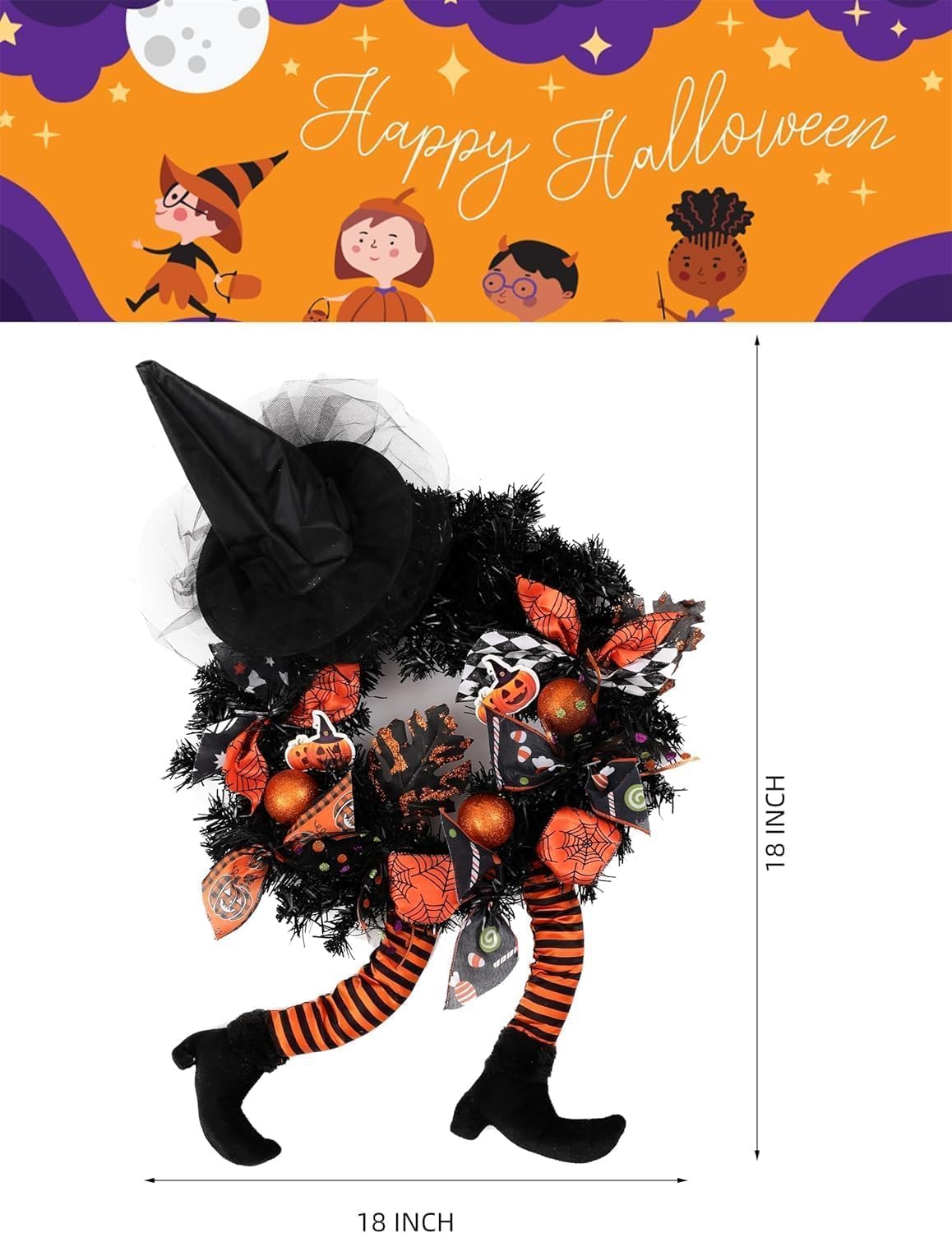 FLASH WORLD 18 inch Witch Halloween Wreath, for Front Door Decoration with Skeleton Artificial Bone Orange Ornaments Maple Leaf for Party DecorHat Legs Pumpkin Door Artificial Handmade (Orange 1)