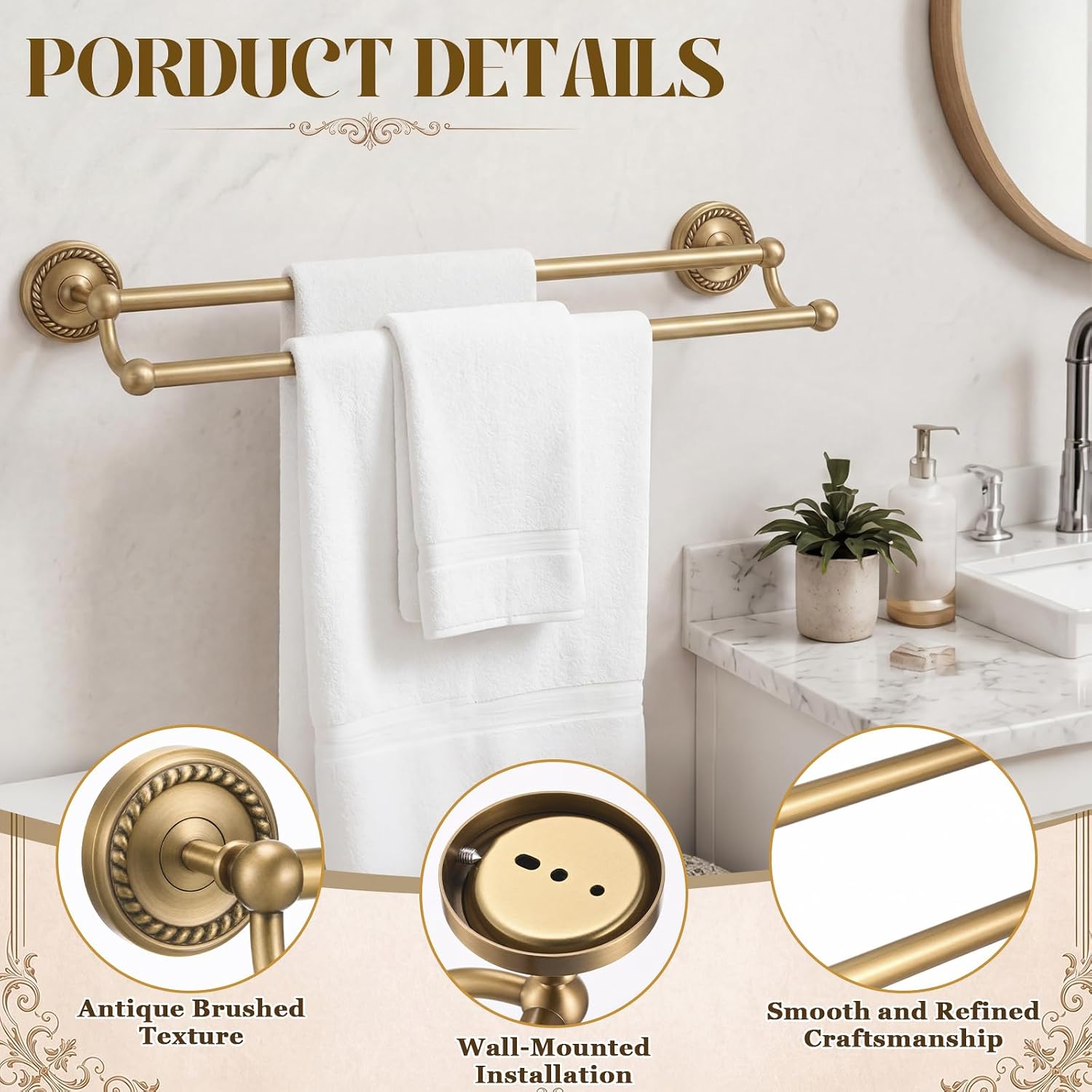 15.7"- 26.7" 2-Tier Antique Style Brass Foldable Towel Rack with Hook, Gold