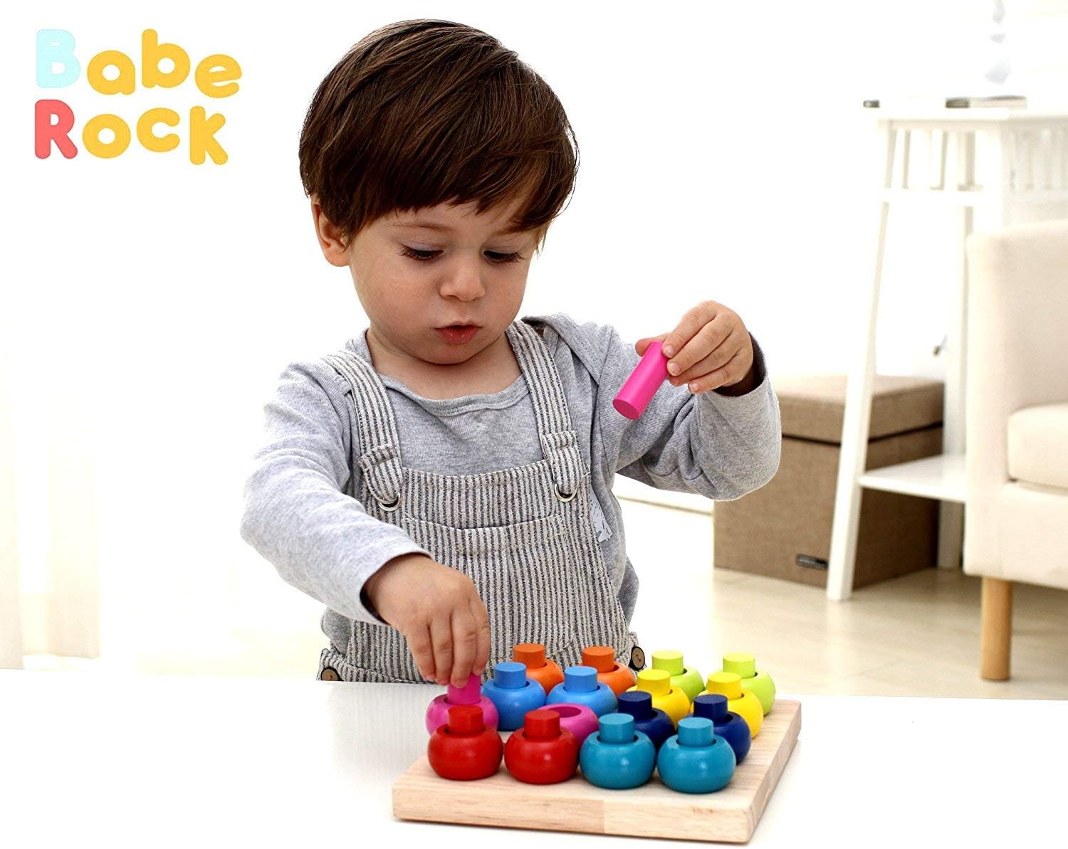 Babe Rock Wooden Color Sorting Stacking Rings Board Educational Learning Counting Toys Puzzle Games for 1 Year Old Preschool Kids Children Gift