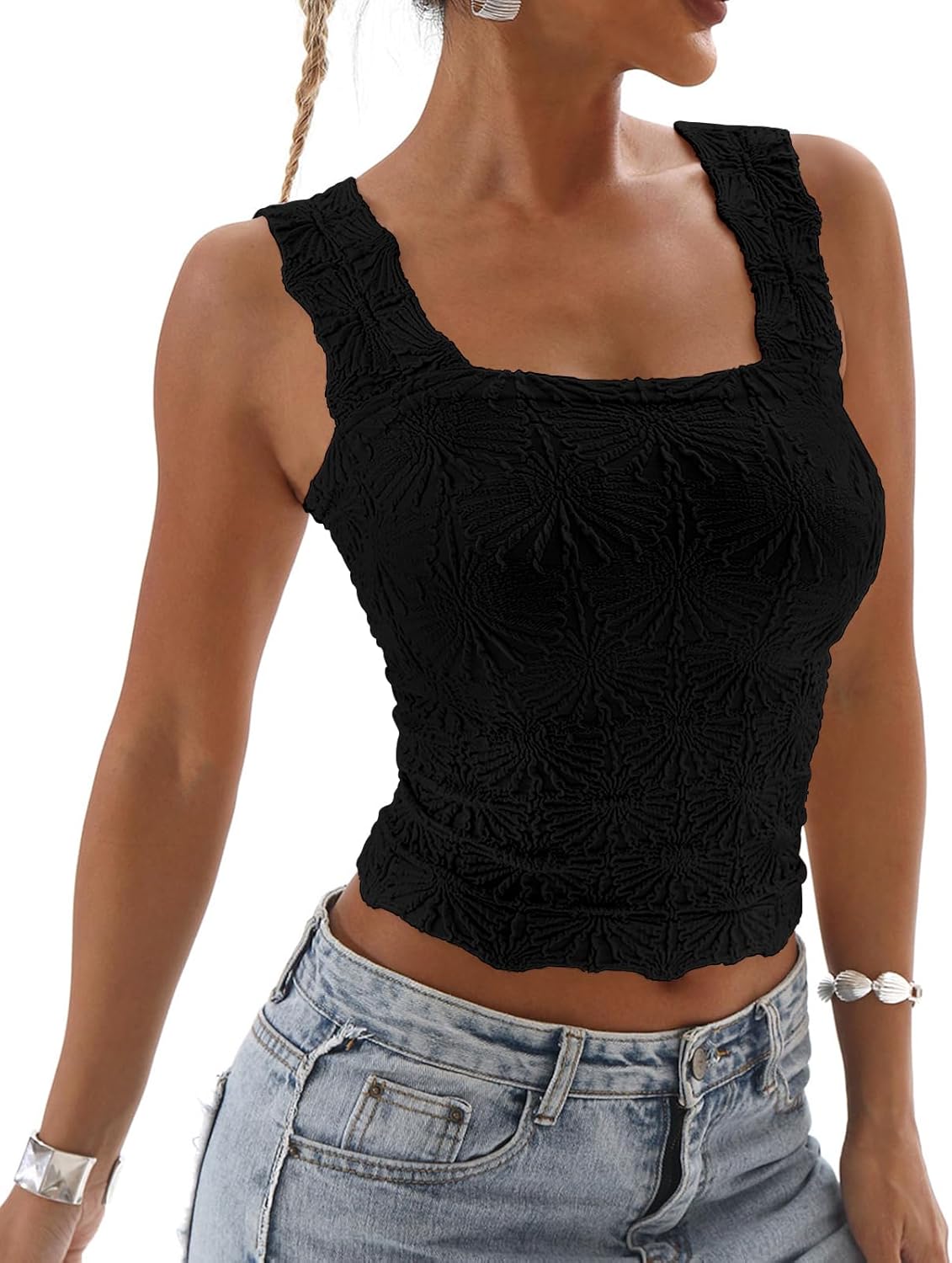 DouBCQ Women Cute Crop Tank Top Square Neck Wide Strap Vest Slim Fit Floral Lettuce Trim Cropped Cami Tops - Image 4