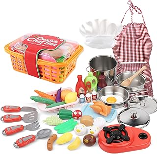 KKcare 42 PCS Conjunto de cozinha Finja Brincar com Chapéu de Chef Avental Brinquedo de cozinha Fogão Pan Colher Legumes Cesta de armazenamento de frutas Crianças Chef Role Playset Conjunto de cozinha Presente educacional para crianças pequenas Crianças Meninas Meninos
