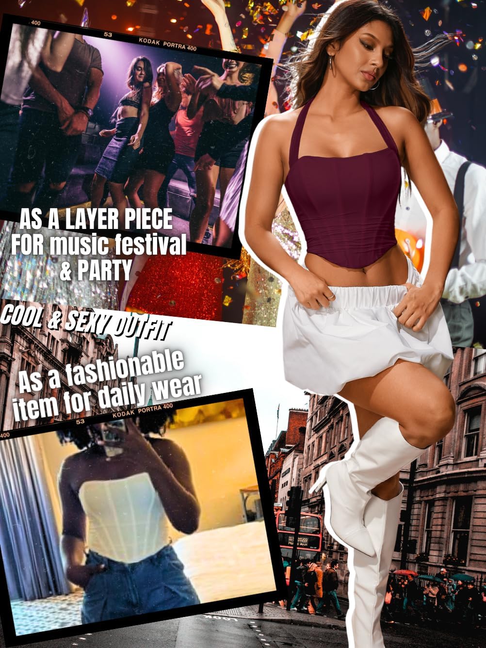 Women's Halter Mesh Corset Crop Top, Ruched Asymmetrical Hem, Boned Lace-Up Bustier for Going Out Fit Sizes 00-14 - Image 5