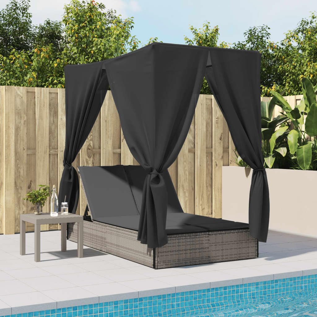 HUAKEHOM Doppelliege mit Dach und Vorhängen Sonnenliege Gartenliege Verstellbare Rückenlehne Relaxliege Sonneninsel Liege Gartenmöbel Grau Poly Rattan
