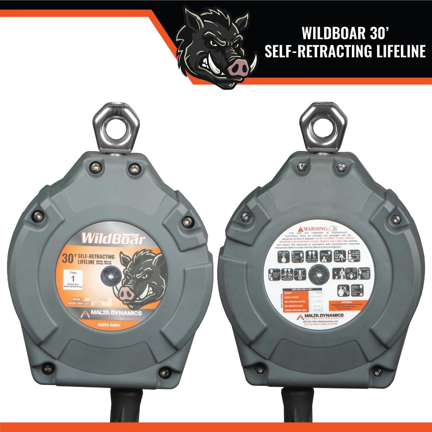 Malta Dynamics Wild Boar 30’ Self Retracting Lifeline – SRL Fall Protection Lanyard with Steel Snap Hook for Construction Site Safety, OSHA and ANSI Compliant