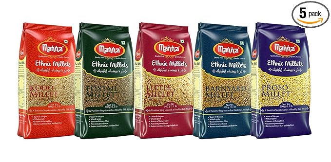 Manna Millets 2.5Kg - Natural Grains Combo Pack of 5 | Unpolished Millets | Siridhanya | Foxtail 500g, Kodo 500g, Proso 500g, Little 500g, Barnyard 500g | Native Low GI Millet Rice | Nutrient Powerhouse, High Protein & 100% more Fibre than Rice