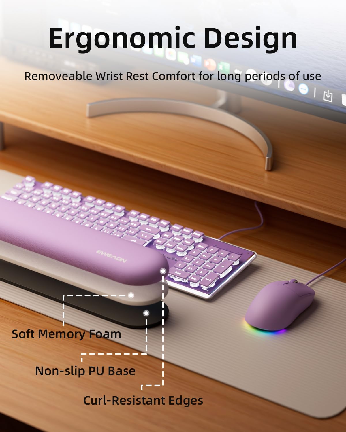 EWEADN GX710S Wired Keyboard and Mouse Combo with White Backlit Pudding Keycaps, Wrist Rest, Full Size, Metal Panel, Quiet Cute Ergonomic Computer Keyboard Mouse Set for Windows PC Desktop - Purple