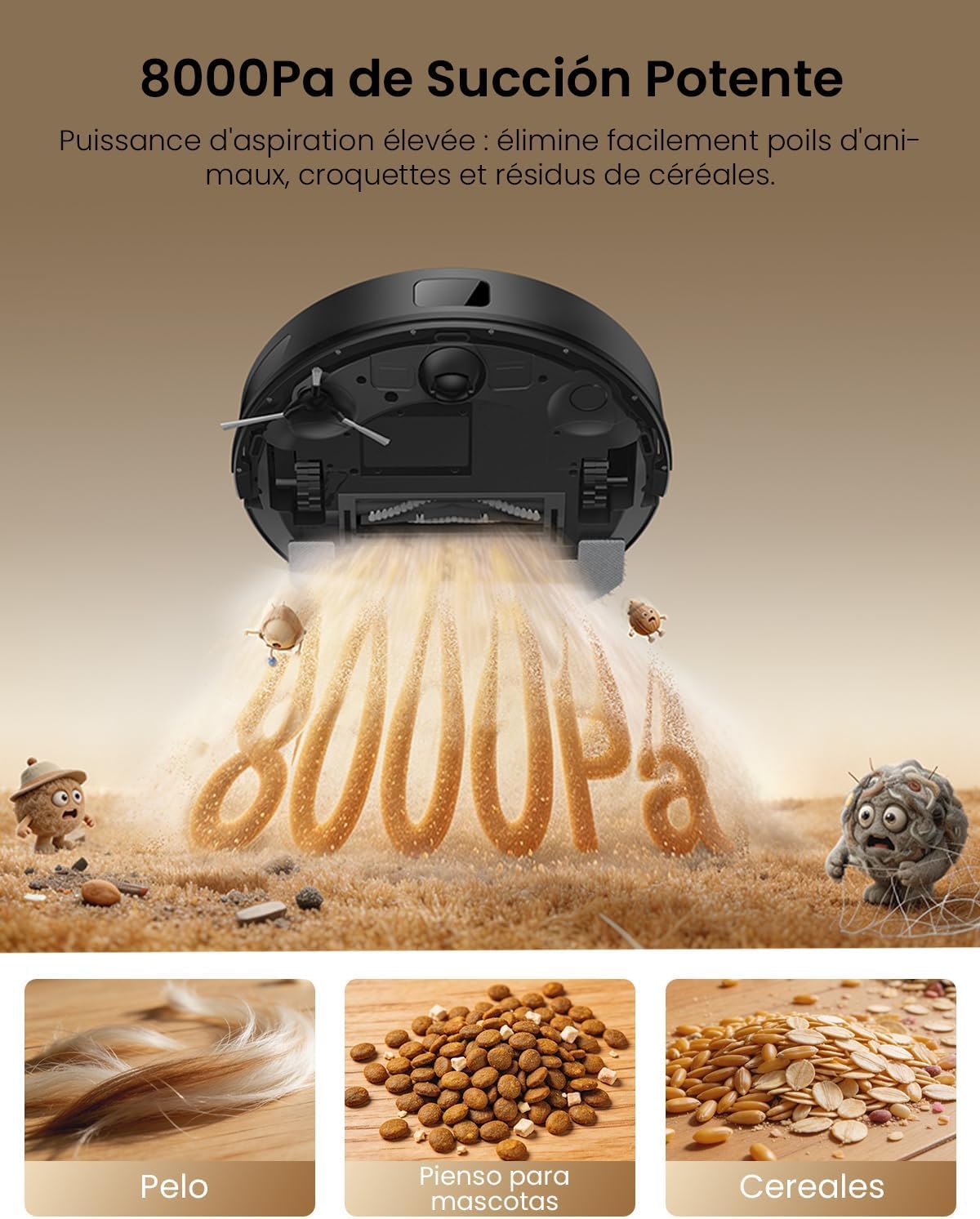 Proscenic Q8 MAX+ Robot Aspirador y Fregasuelos Potente 8000Pa/200 Min, con Navegación LDS y Auto-Evasión de Obstáculos, 3L Base de Autovaciado, por App/Remoto/Voz, Moqueta/Pelo de Mascotas/Suelos