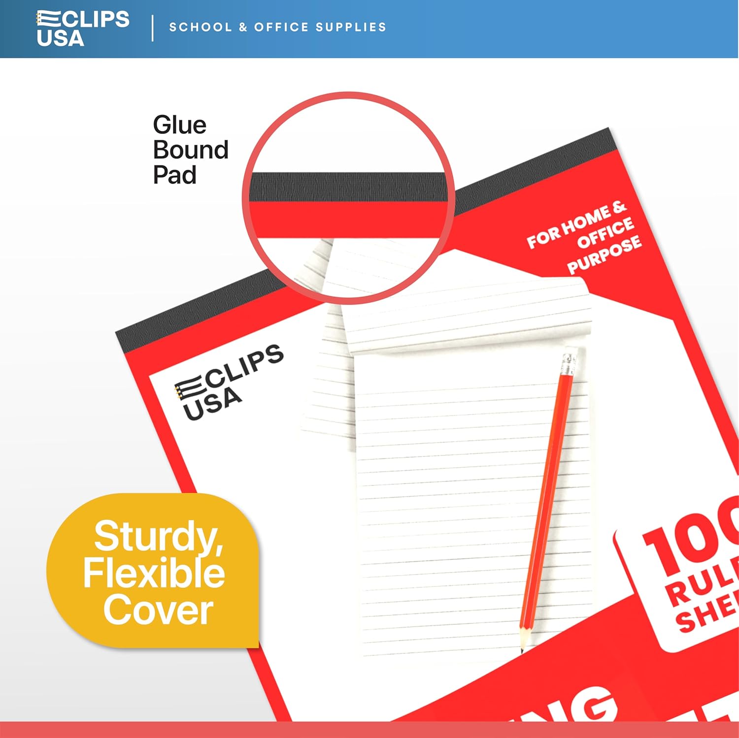 E-CLIPS USA Notepads, Ruled Writing Tablet, Note Pads 6 x 9, Small Notepads, Memo Pad, White, Chipboard Back, Writing Pad, Office Supplies, 100 Sheets Per Pad (12 Pack)