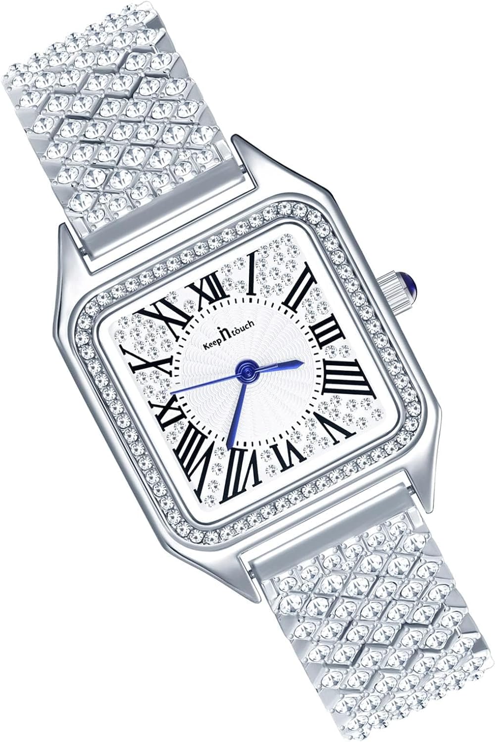 Women’s Luxury Rhinestone Quartz Watch with Stainless Steel Strap, Full Diamond Square Dial, Roman Numeral Analogue Fashion Wristwatch for Ladies and Girls (white)