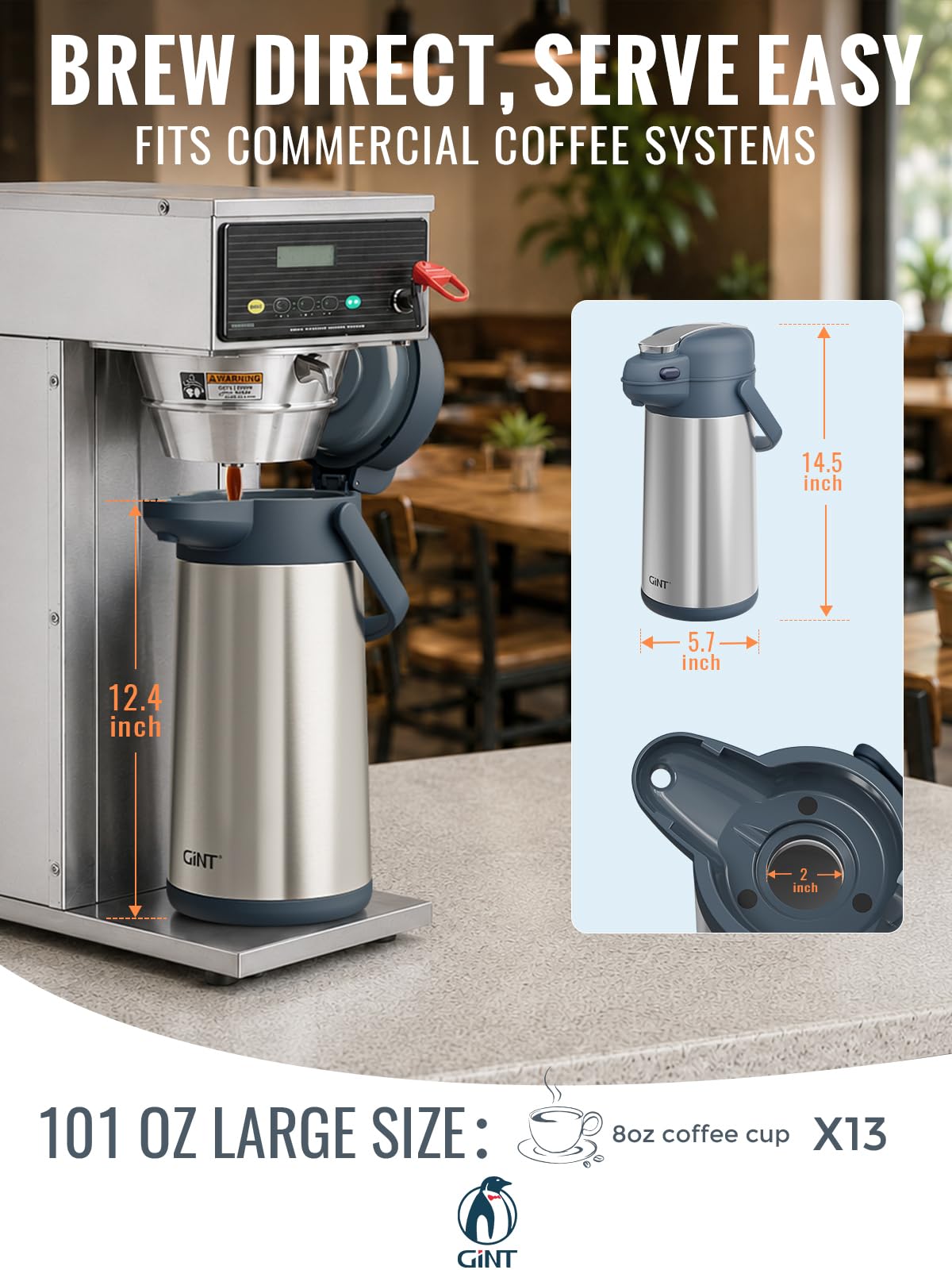 GiNT Dispensador de café Airpot de 100 onzas con bomba, jarra de café aislada para líquidos calientes, dispensador de bomba de acero inoxidable aislado al vacío para bebidas calientes/frías (3 L)