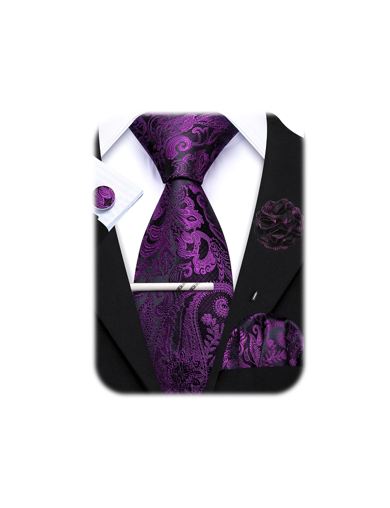 AilisusMen's Ties Set and Lapel Pin Paisley Purple Silk Pocket Square Cufflinks Tie Clip Wedding Business
