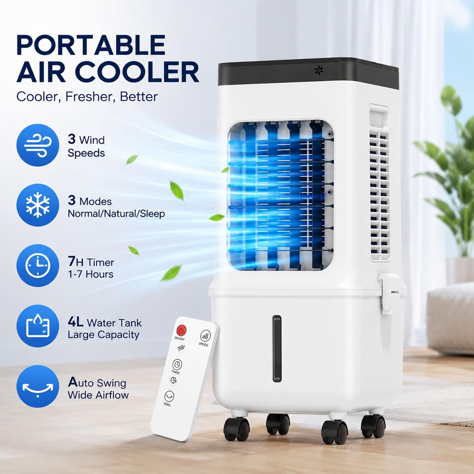 Rinfrescatore d'Aria Portatile per Casa, Raffrescatore Evaporativo 4-in-1 con Serbatoio dell'Acqua da 4L & 4 Setti Ghiaccio,Telecomando per Camera da Letto Ufficio