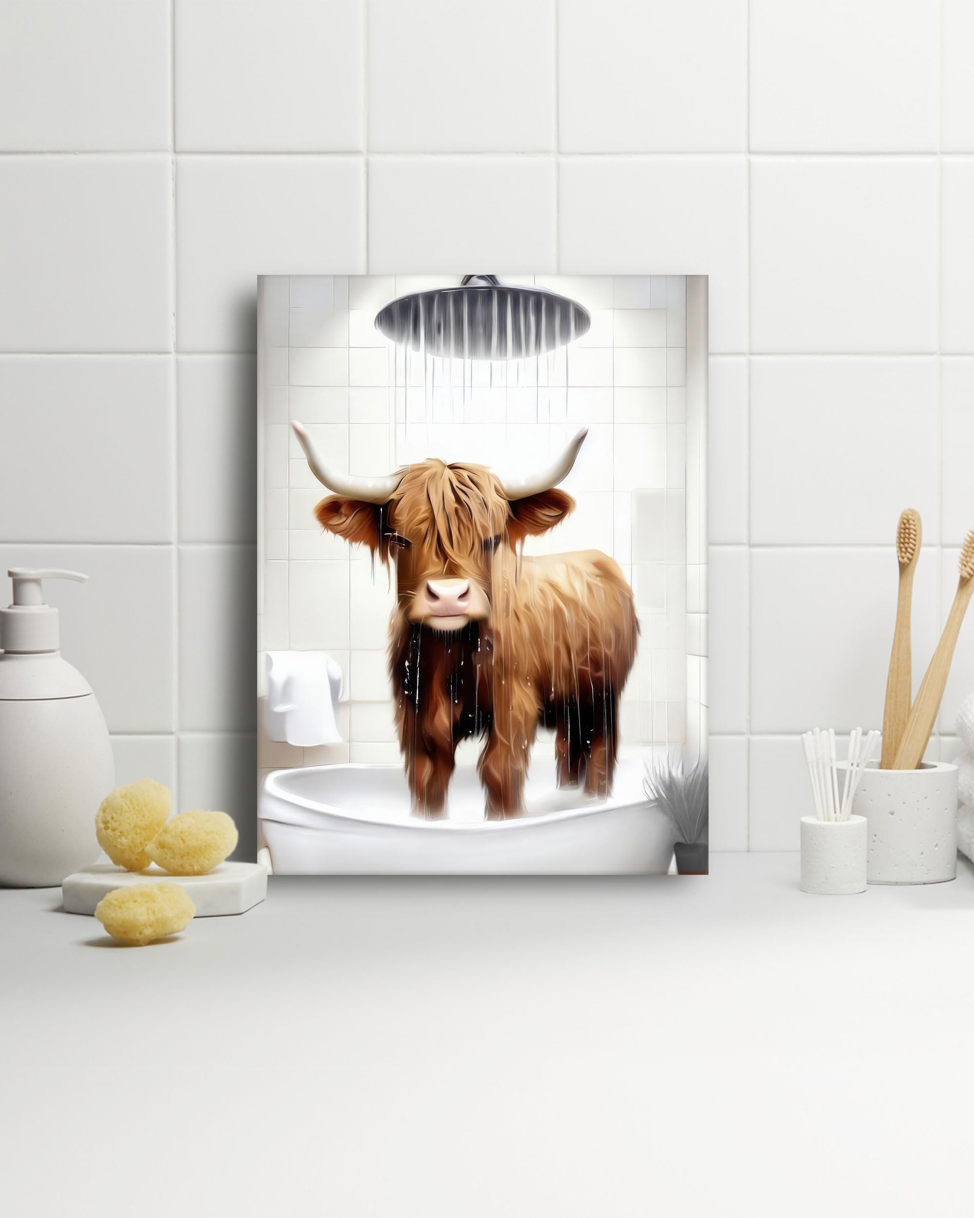 HesenDot Highland Cow Shower Framed Wall Art,30x40cm Funny Bathroom Canvas Print,Cute Bull Poster,Lovely Animal Picture Wall Decor for Bathroom Kid Room Bedroom Nursery,1 Pack - Image 3