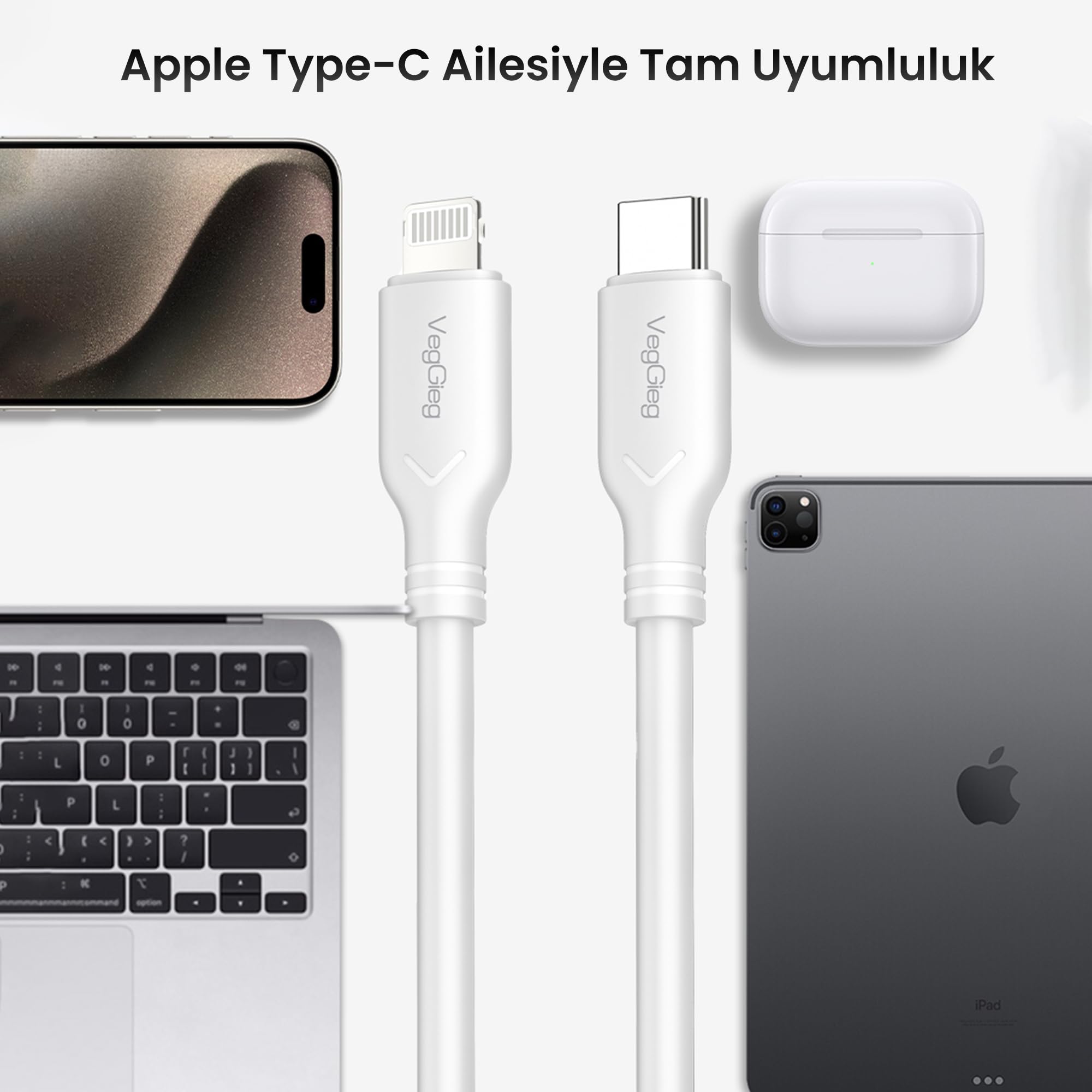 VegGieg 27W Type-C to Lightning iPhone iPad ile Uyumlu PD Hızlı Şarj ve Data Kablosu 1.2 Metre