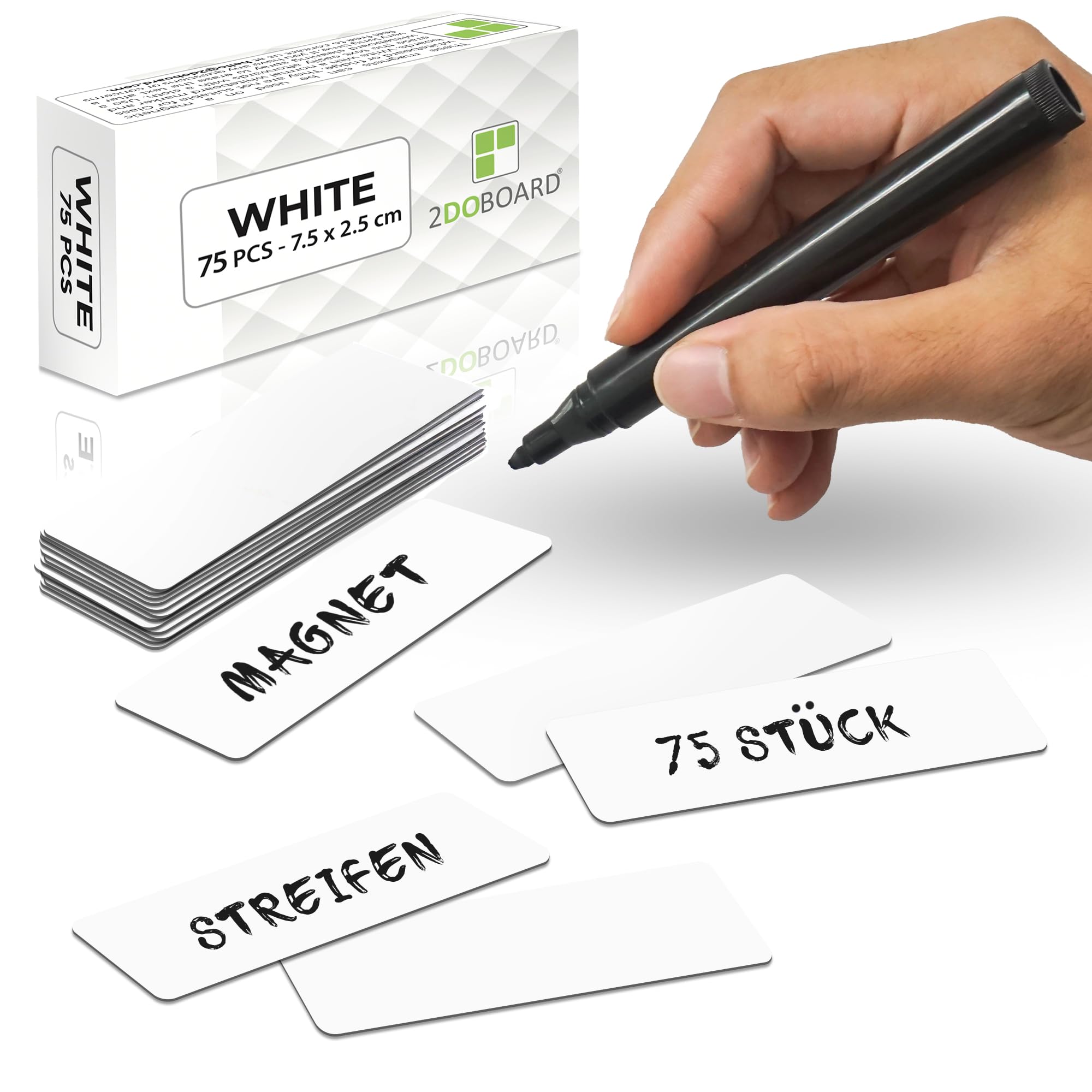 2DOBOARD Magnetic Strips Writeable – 7.5 cm x 2.5 cm White – Pack of 75 – Magnetic Signs for Writing on – For Fridge, Whiteboard & Blackboard – Magnetic Labels