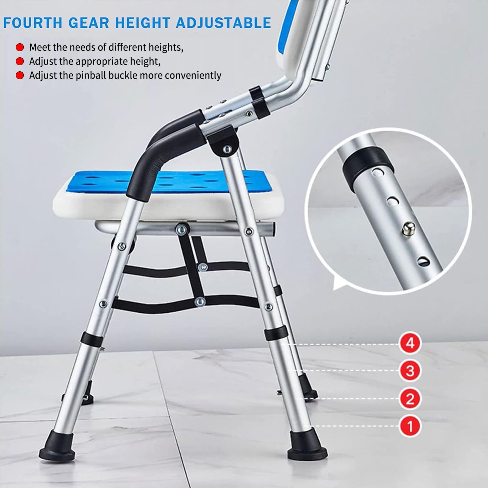 Silla De Ducha Plegable, Silla De Ducha con Respaldo Y Reposabrazos, Taburete De Ducha Antideslizante, Asiento De Ducha Regulable En Altura para Personas Mayores Y Discapacitadas, 150 Kg