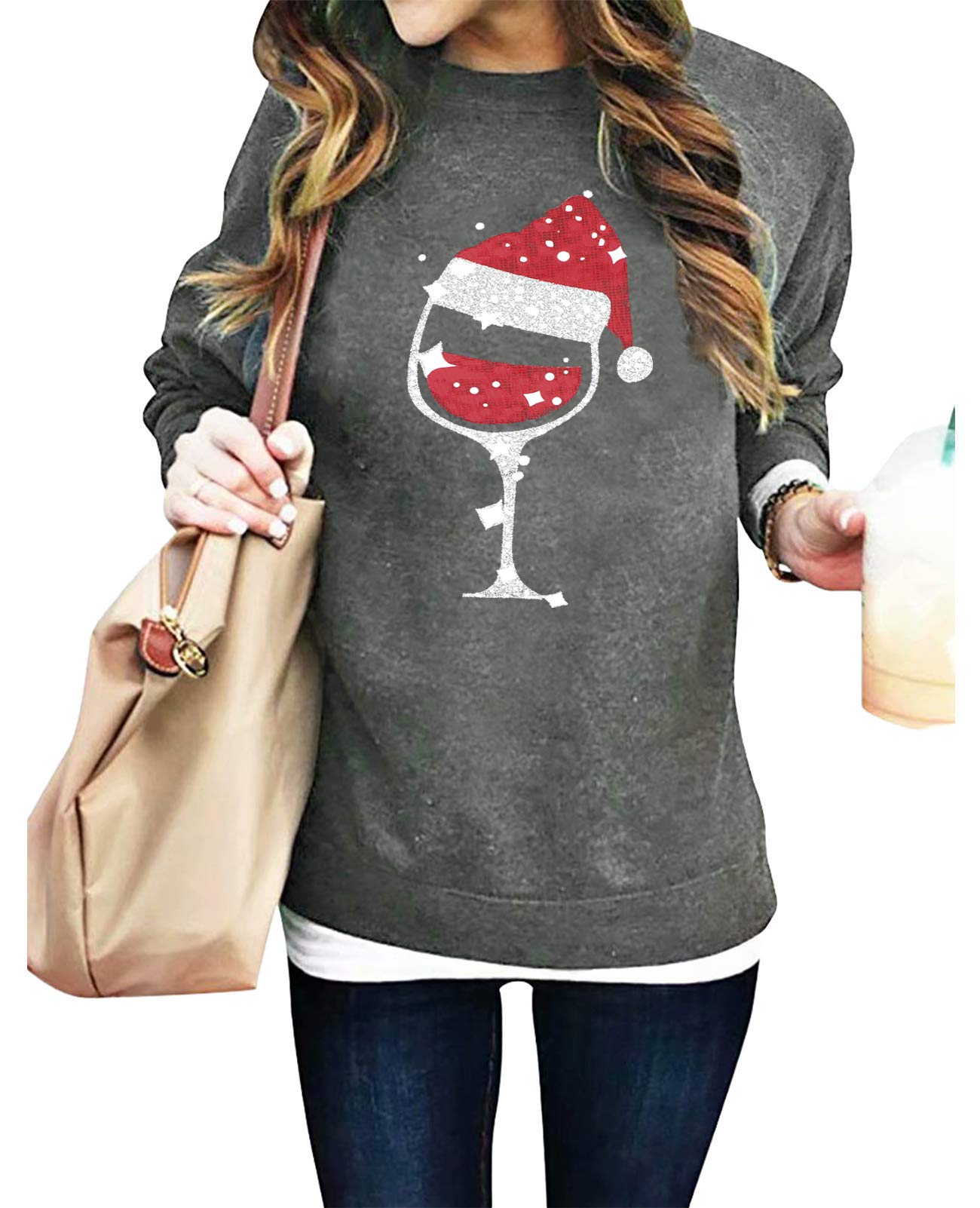 SUPEYAWomen Red Wine Glass Christmas Sweatshirt Funny Christmas Pullover Xmas Santa Hat Graphic Blouse Tshirt Tops